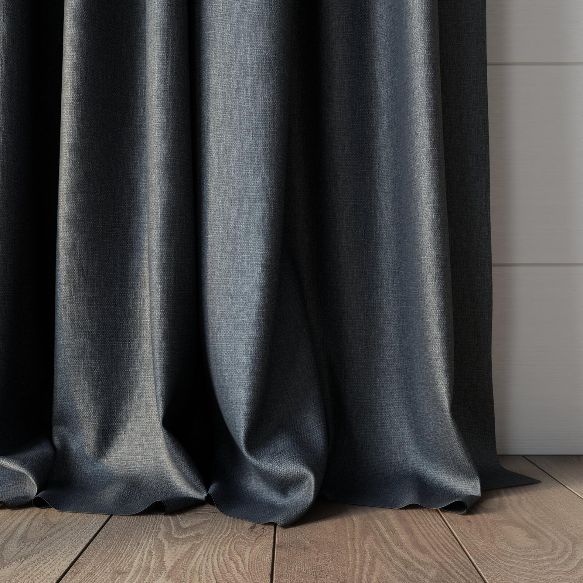 Bottom view of Tonga Carbon, puddled, on curtain rod