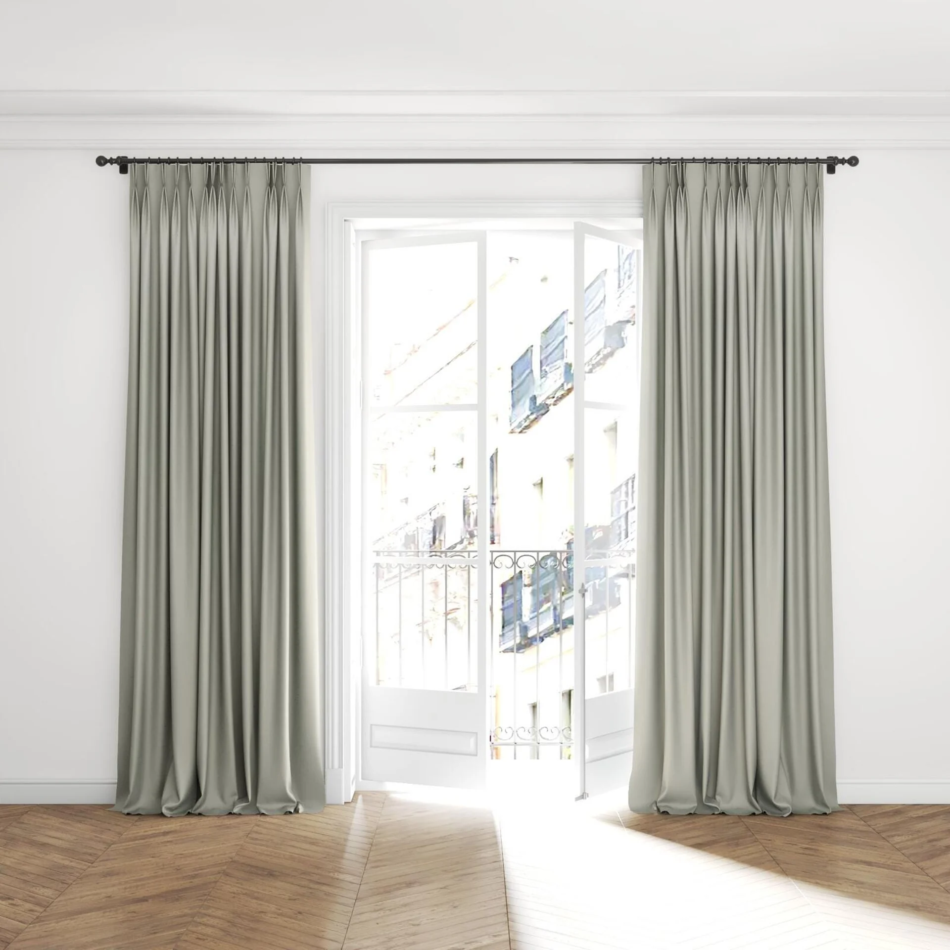 Full view of Grove Limestone, puddled with pinch pleat, on curtain rod
