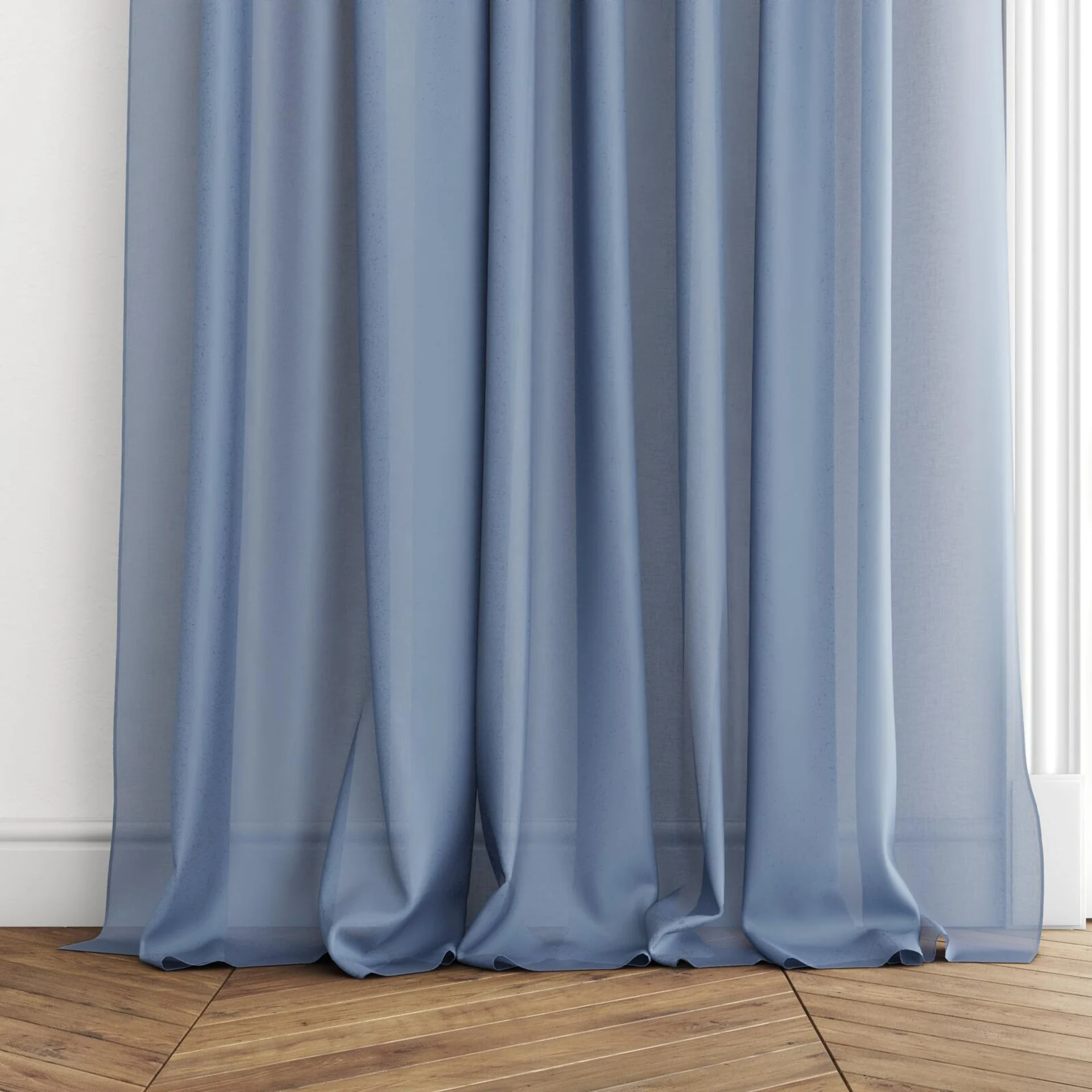 Bottom view of Zine Denim, puddled with pinch pleat, on curtain rod