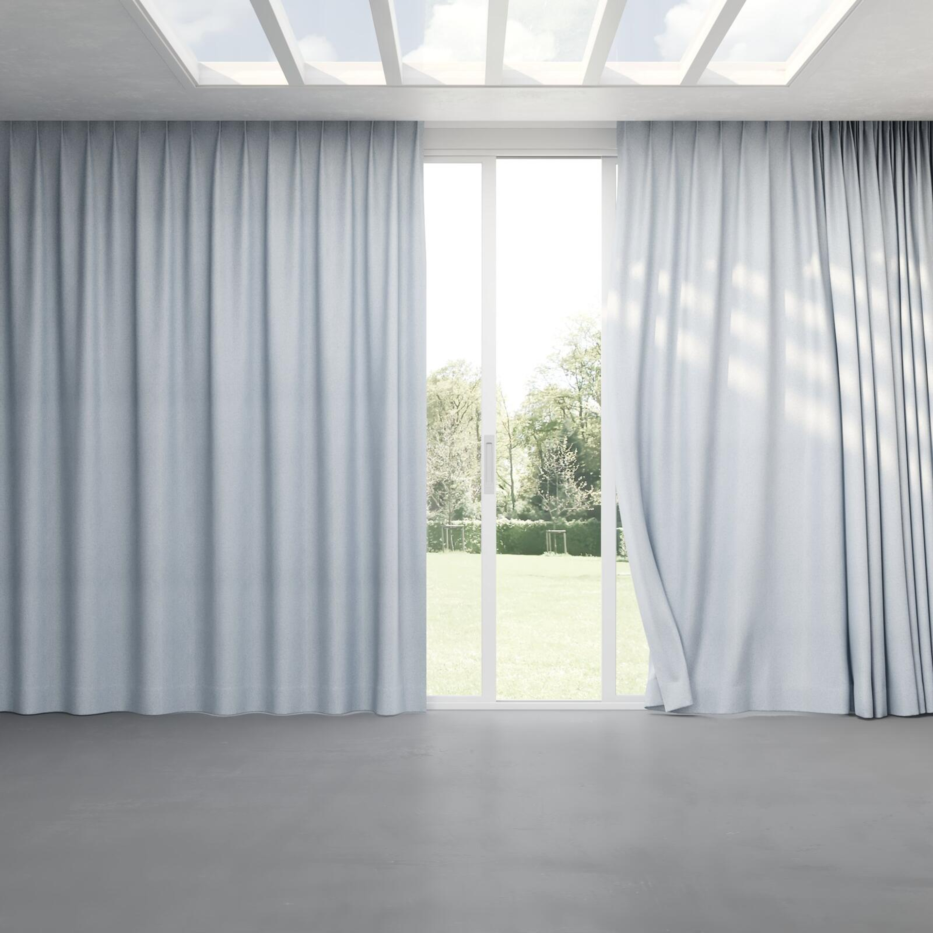 Full view of Liberate Sky, pinch pleat