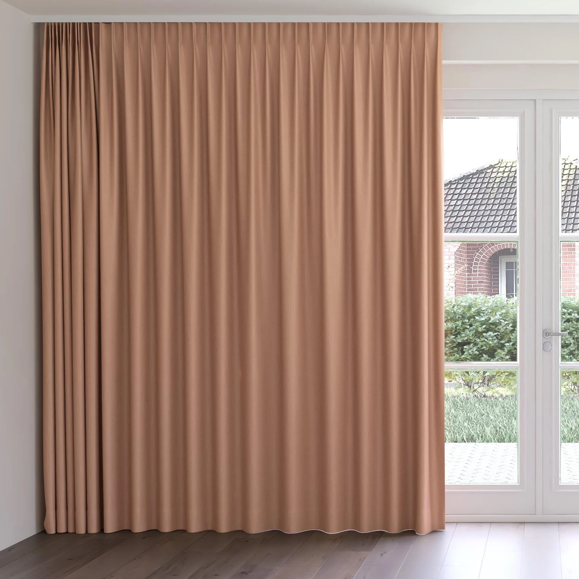 Front view of Excel Coral, on curtain rail
