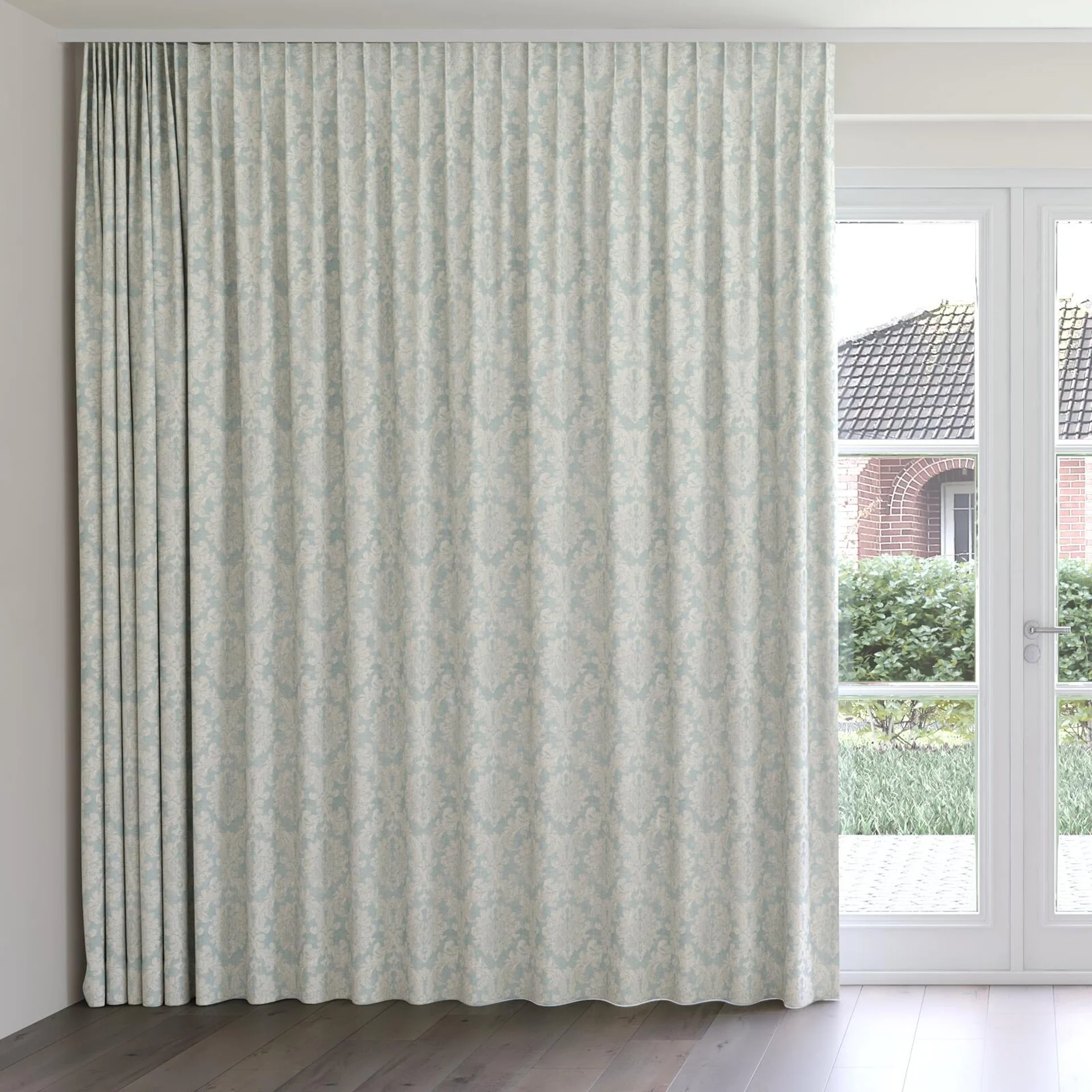 Front view of Damian Pool, on curtain rail
