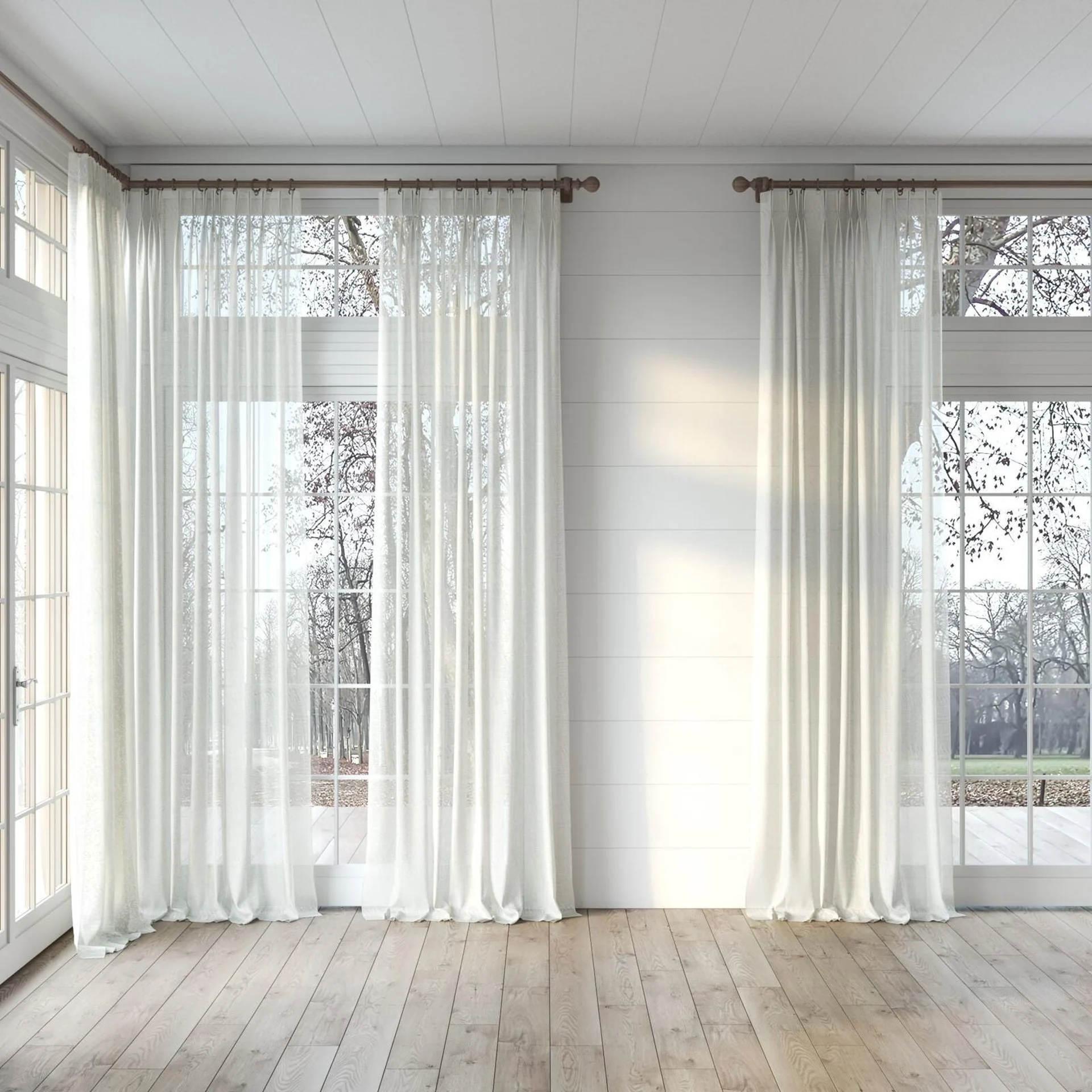Full view of Uno Ivory, puddled, on curtain rod