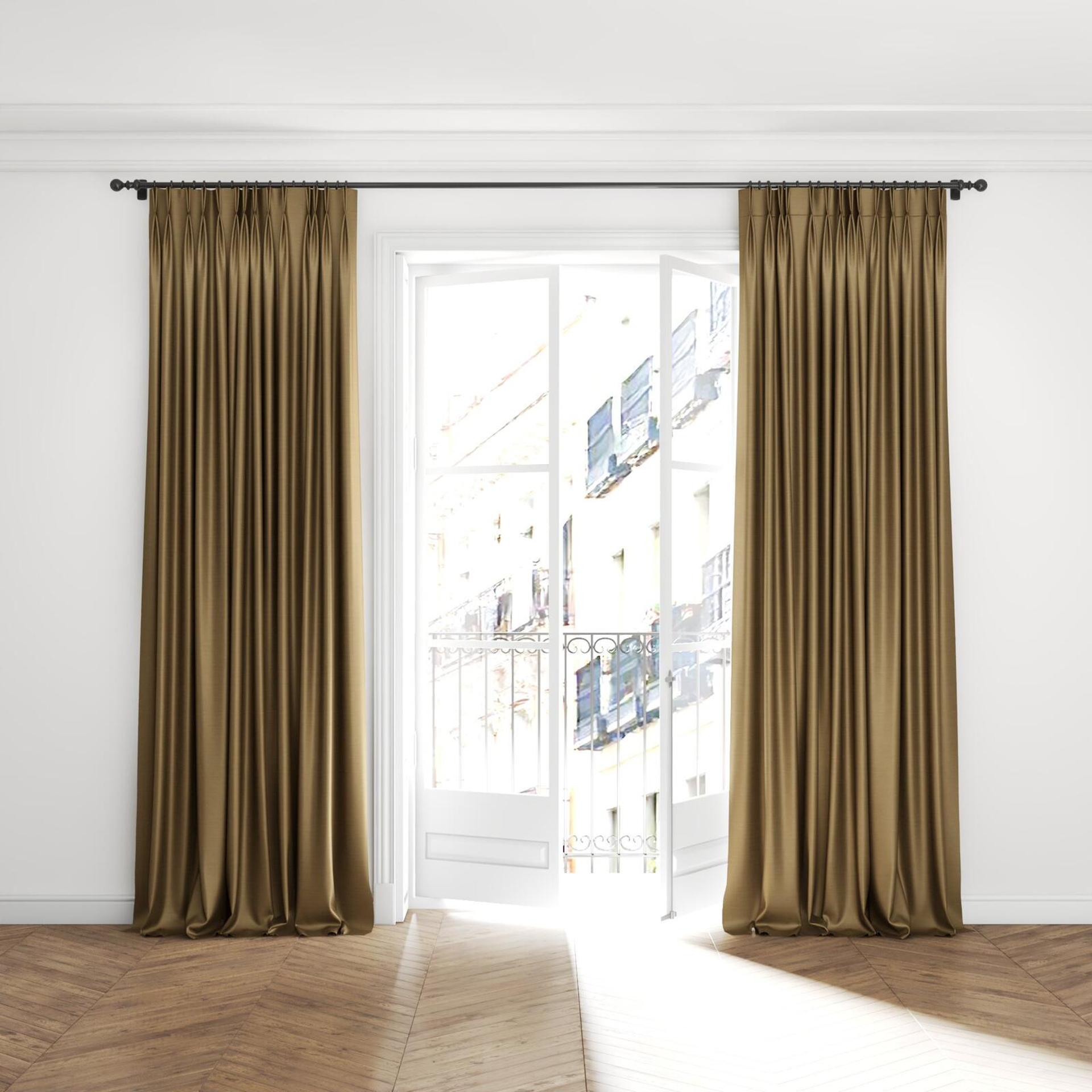 Full view of Silky Chinchilla, puddled with pinch pleat, on curtain rod
