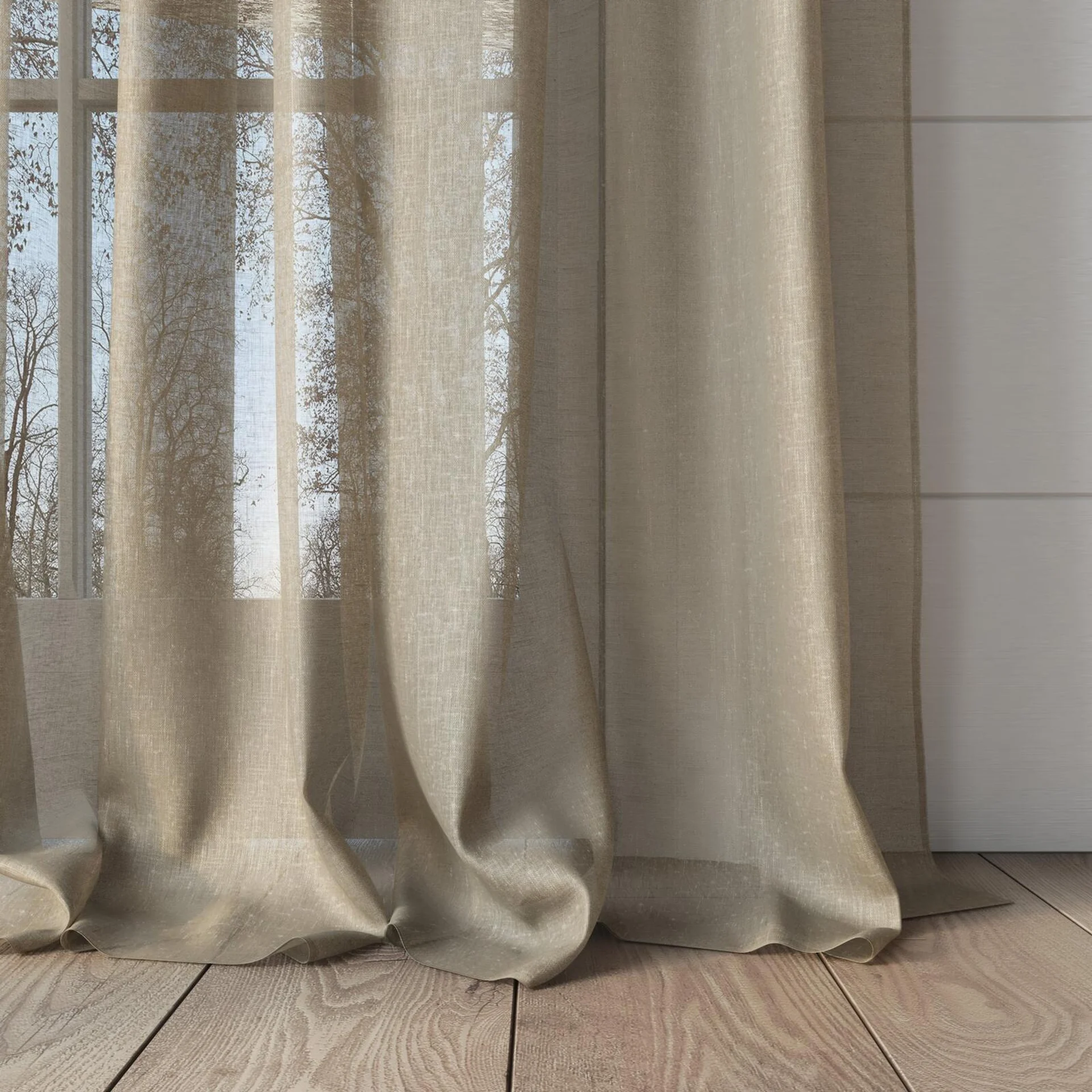 Bottom view of Reverie Linen, puddled, on curtain rod