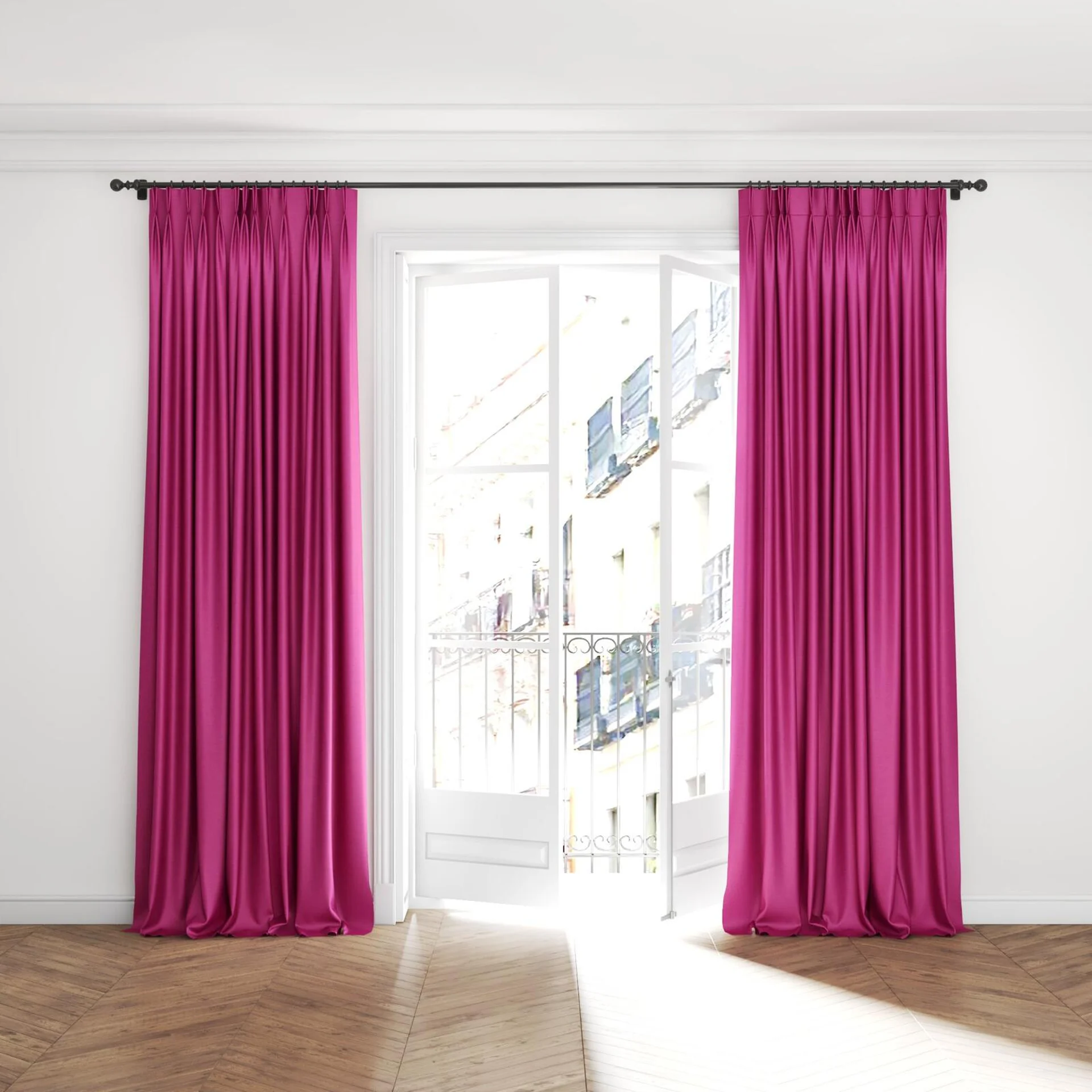 Full view of Provence Magenta, puddled with pinch pleat, on curtain rod
