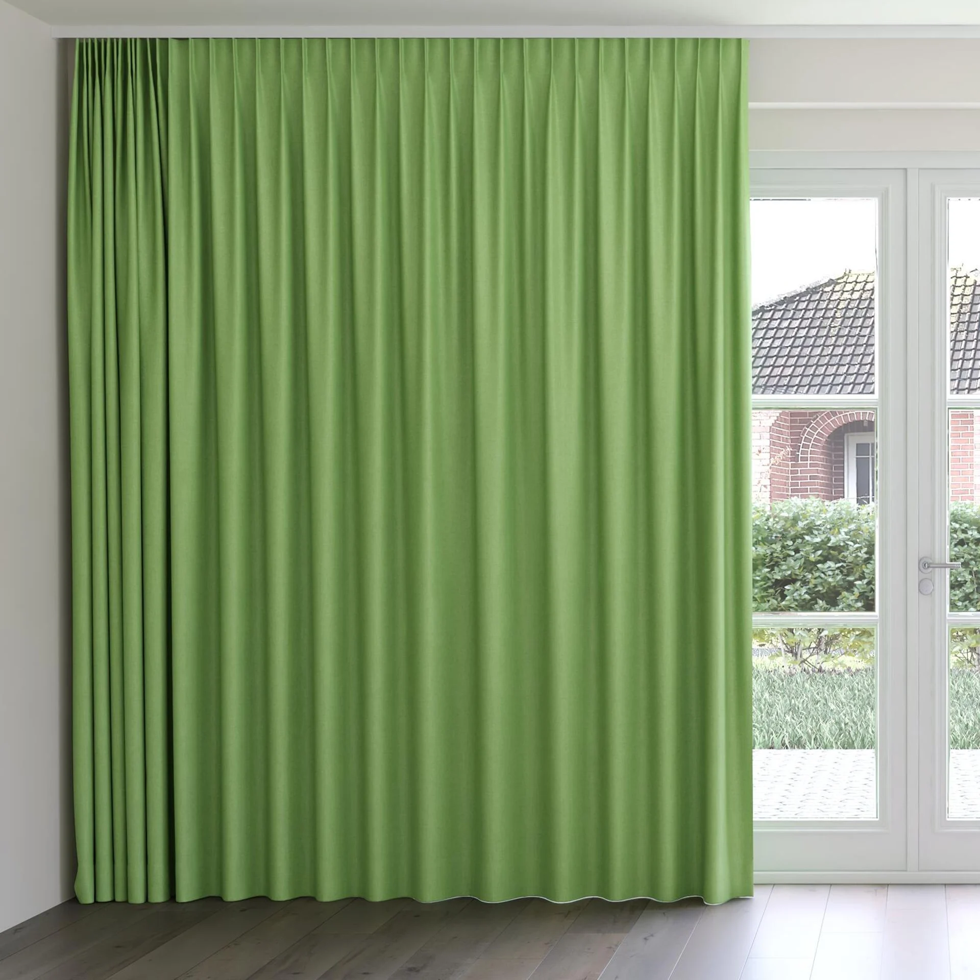 Front view of Cushy Apple, on curtain rail