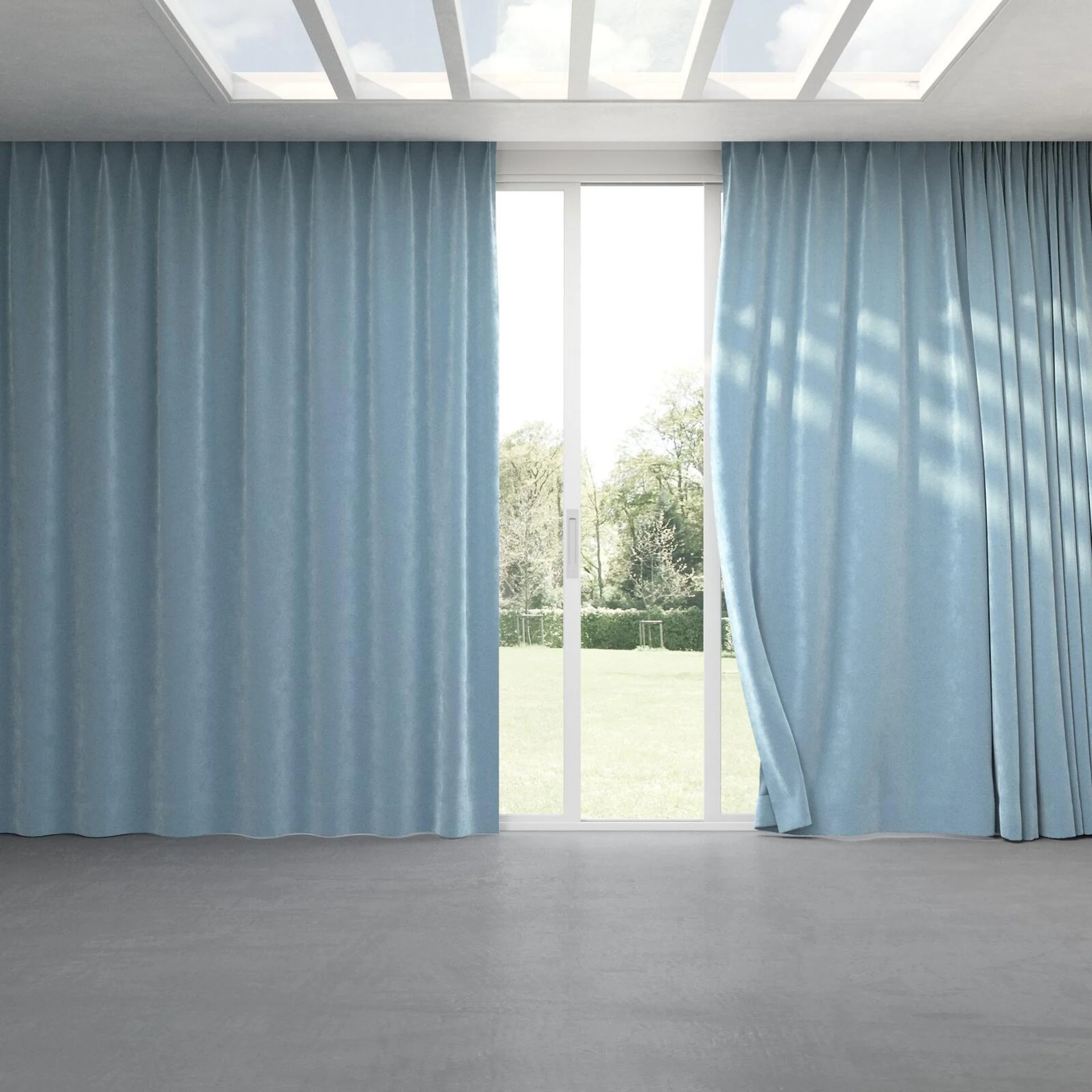 Full view of Lux Velvet Sky 8804, pinch pleat