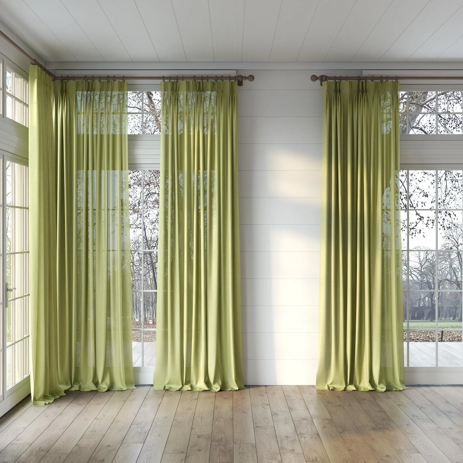 Full view of Flo II Pesto, puddled, on curtain rod