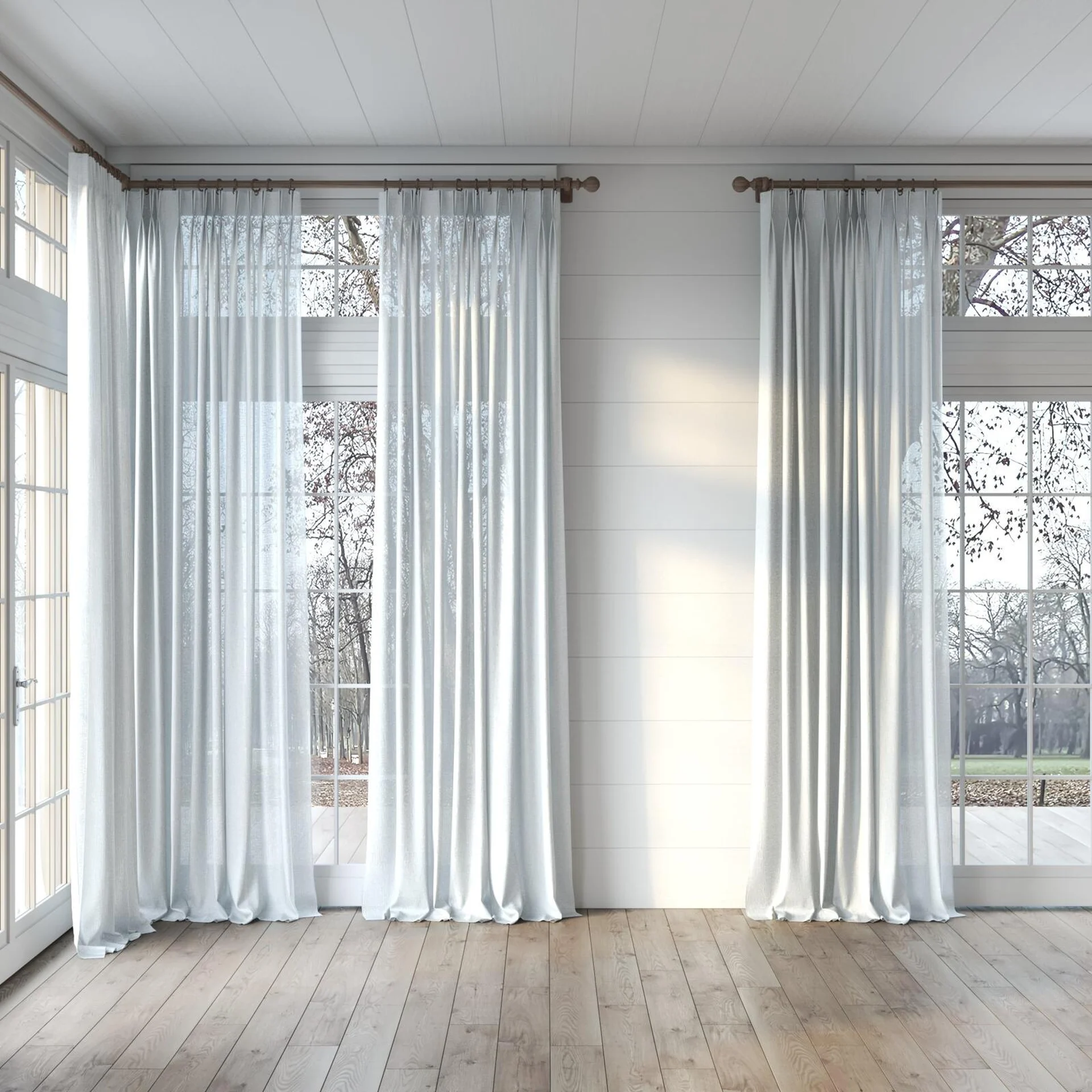 Full view of Mindful Dew, puddled, on curtain rod
