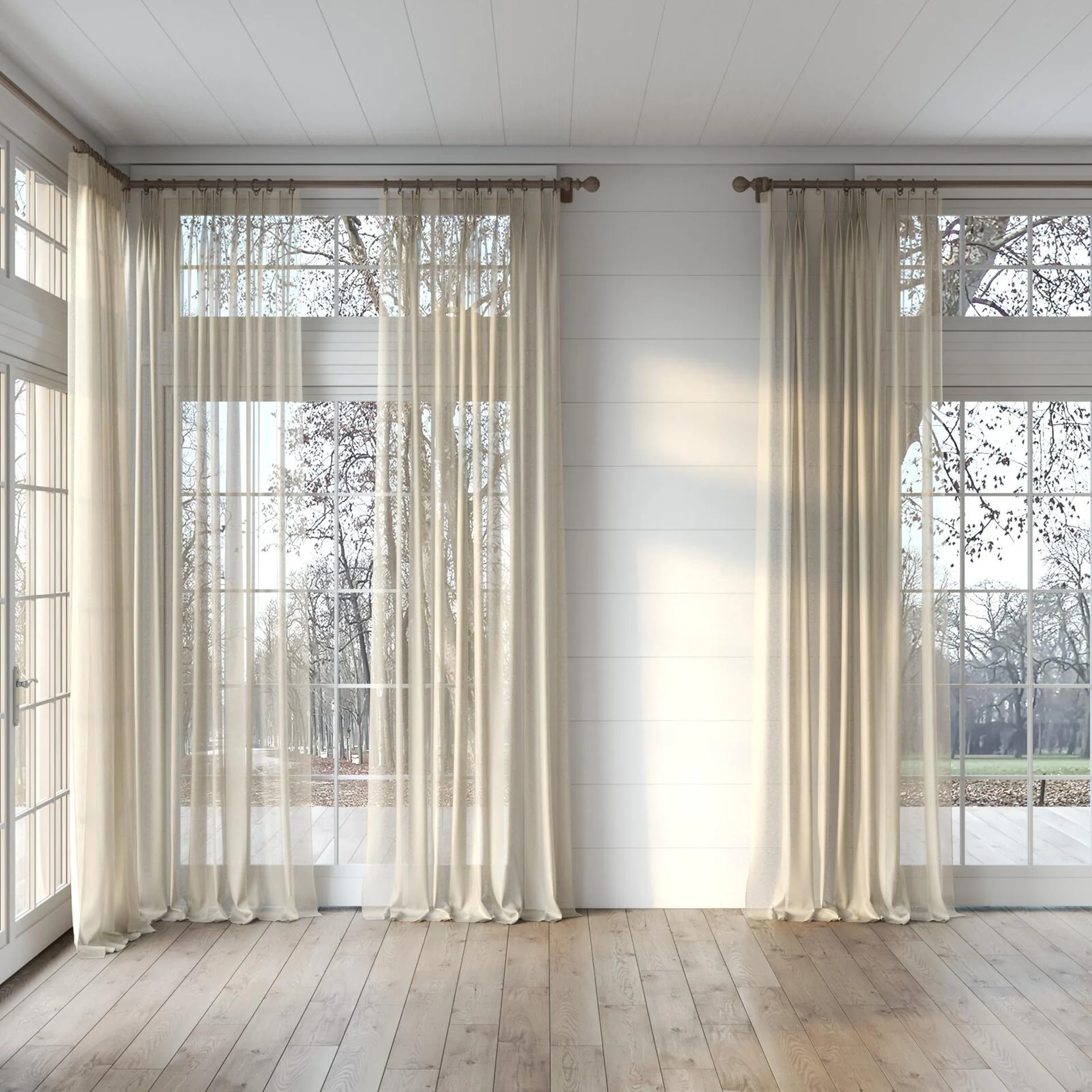 Full view of Reverie Linen, puddled, on curtain rod