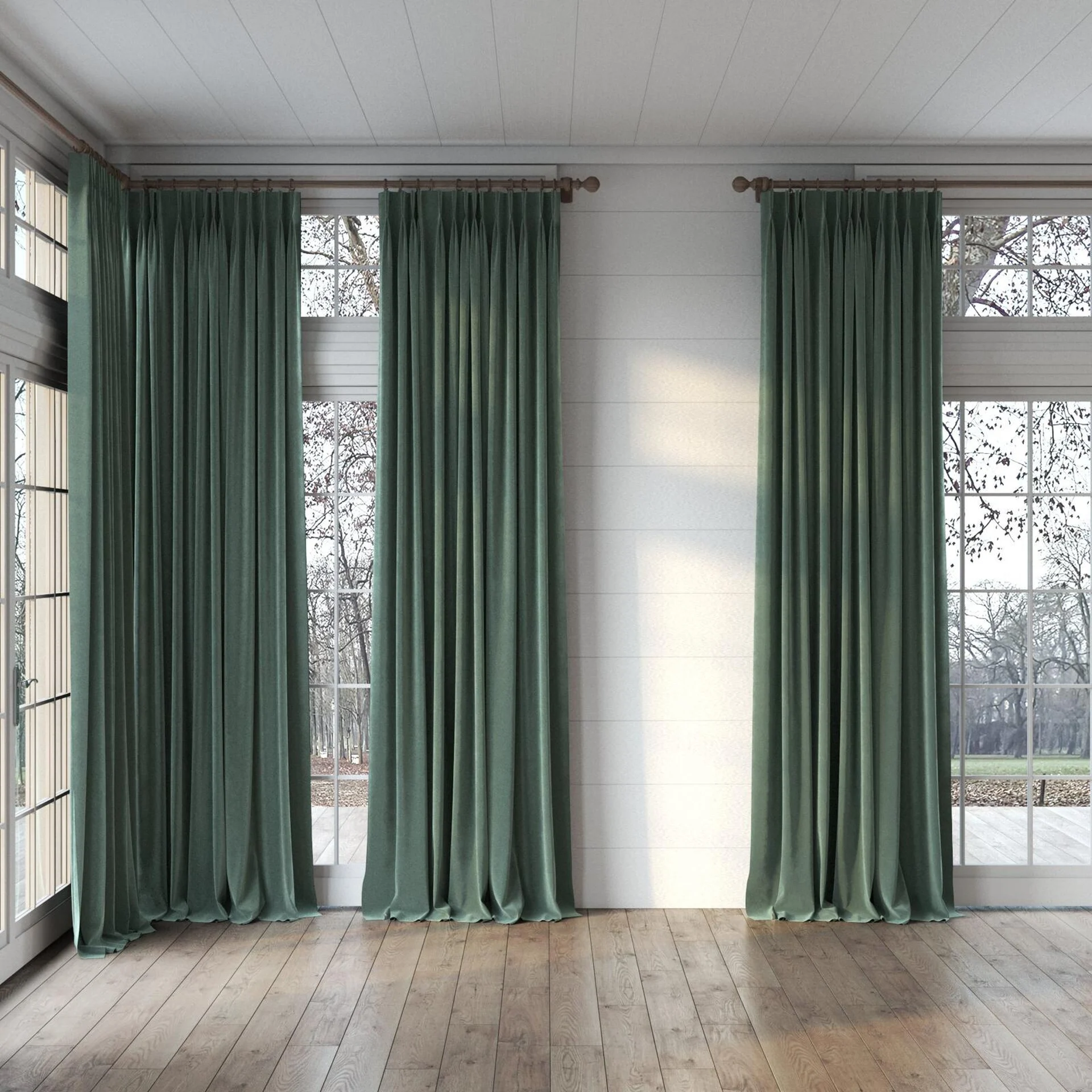 Full view of Vienna Teal, puddled, on curtain rod