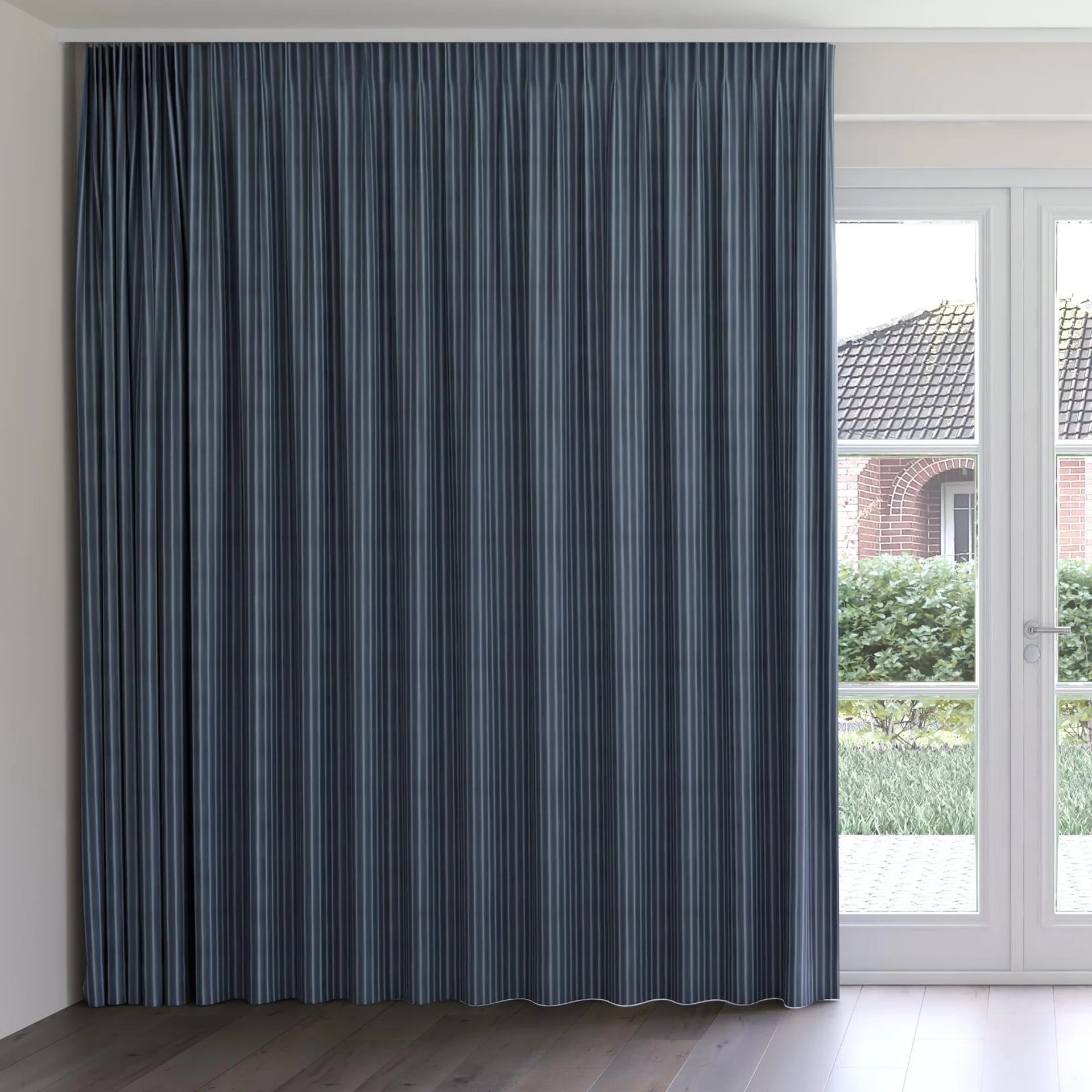 Front view of Cordial Denim, on curtain rail