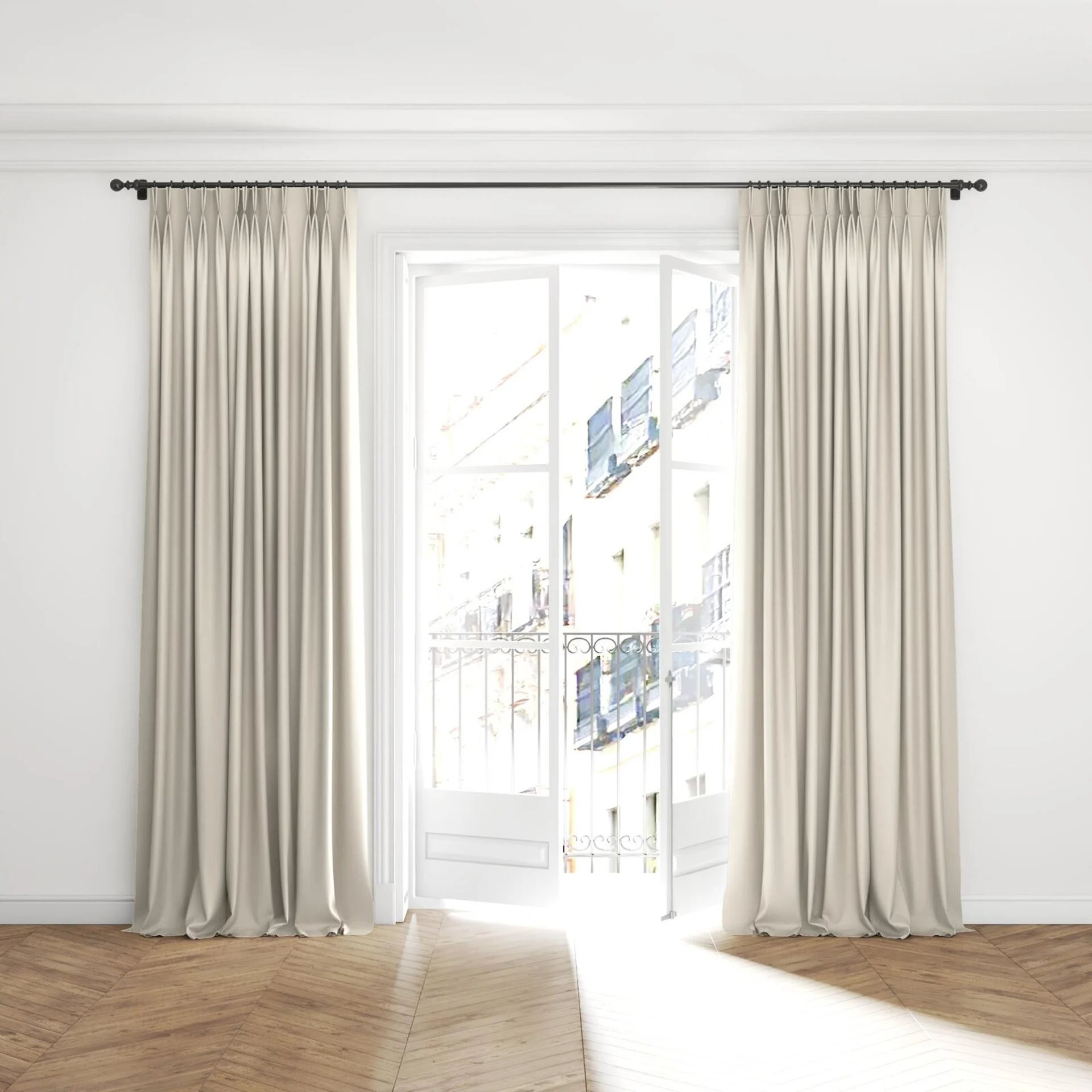 Full view of Excel Greige, puddled with pinch pleat, on curtain rod