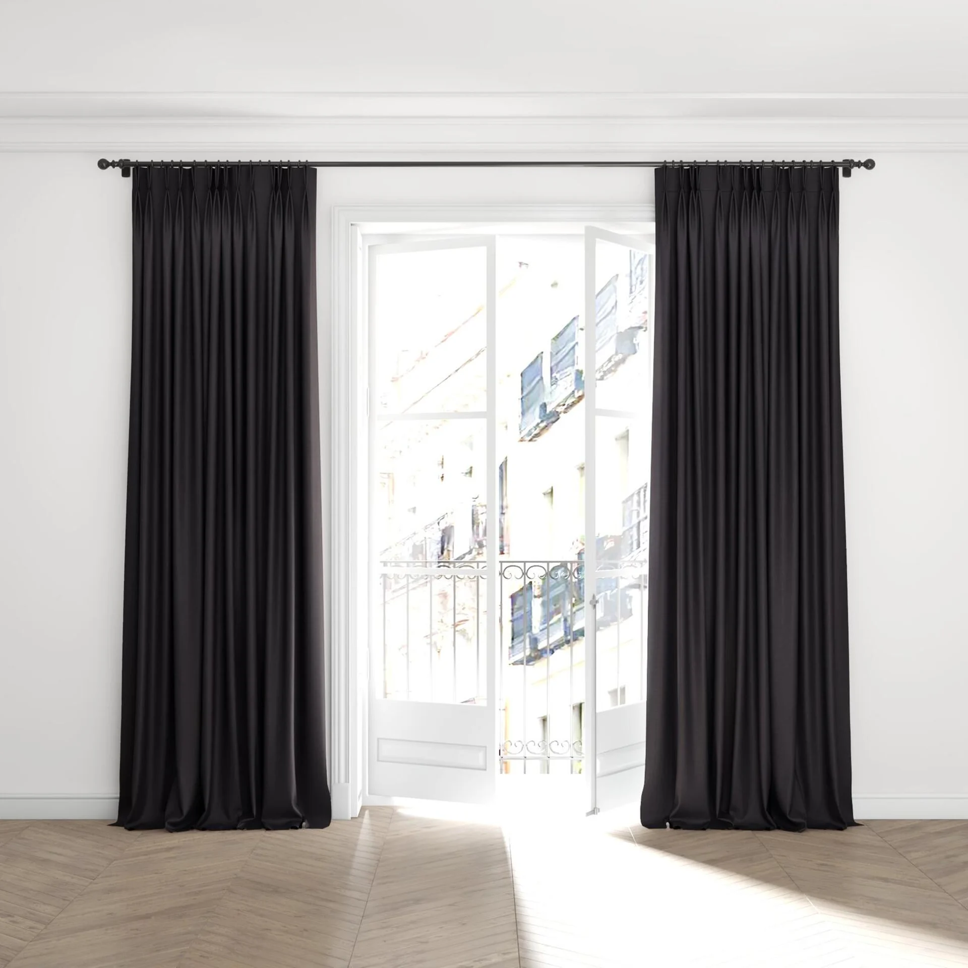Full view of Casual Caviar, puddled with pinch pleat, on curtain rod