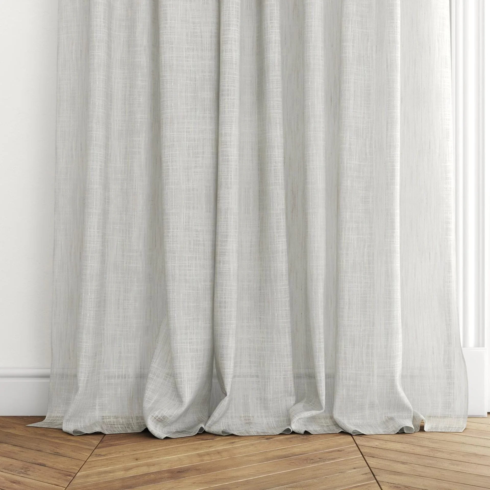Bottom view of Zip Sesame, puddled with pinch pleat, on curtain rod