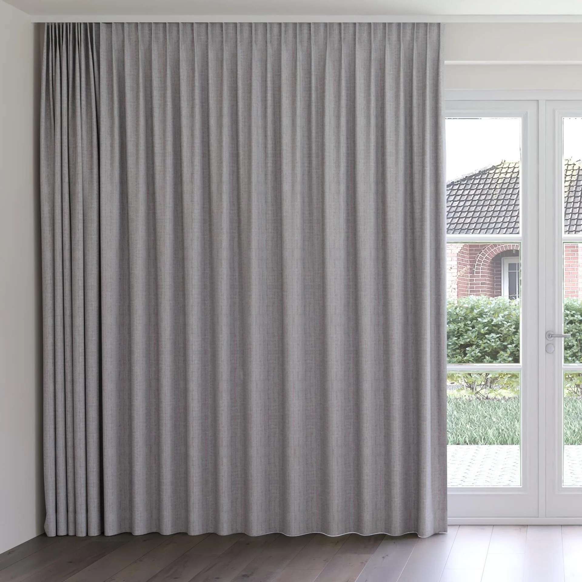 Front view of Iconic Silver, on curtain rail