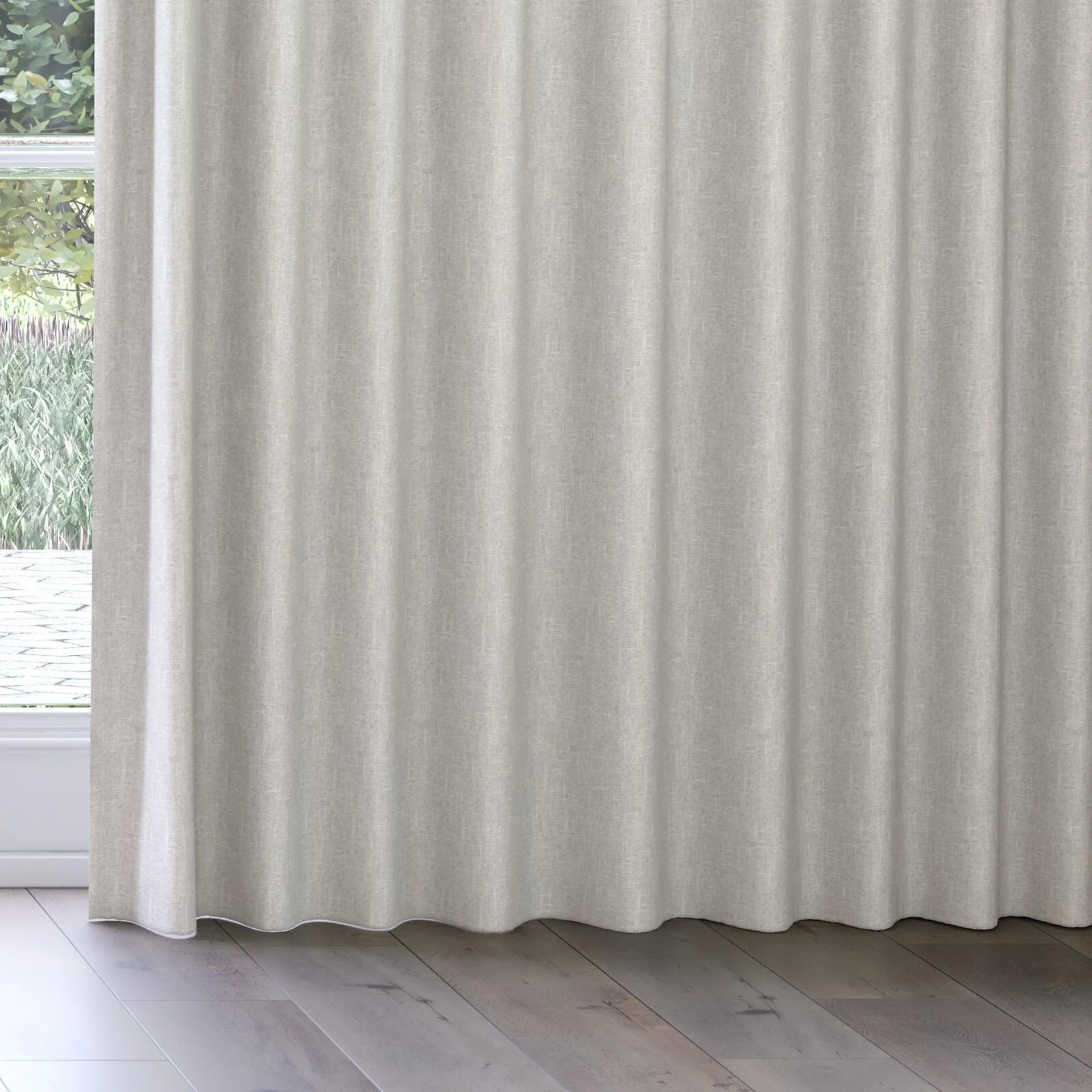 Bottom view of Retreat II Warm Grey, on curtain rail