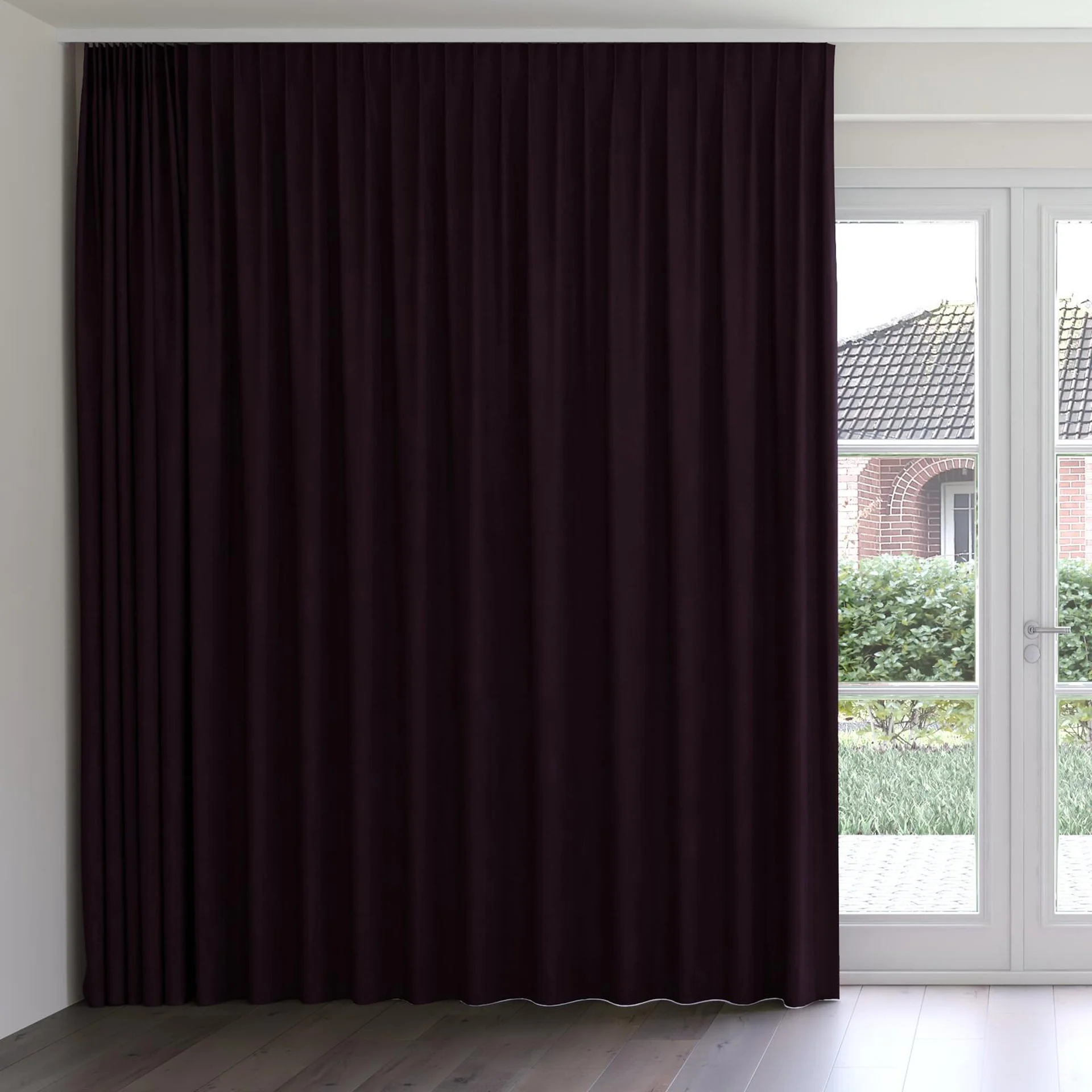 Front view of Lech Aubergine, on curtain rail