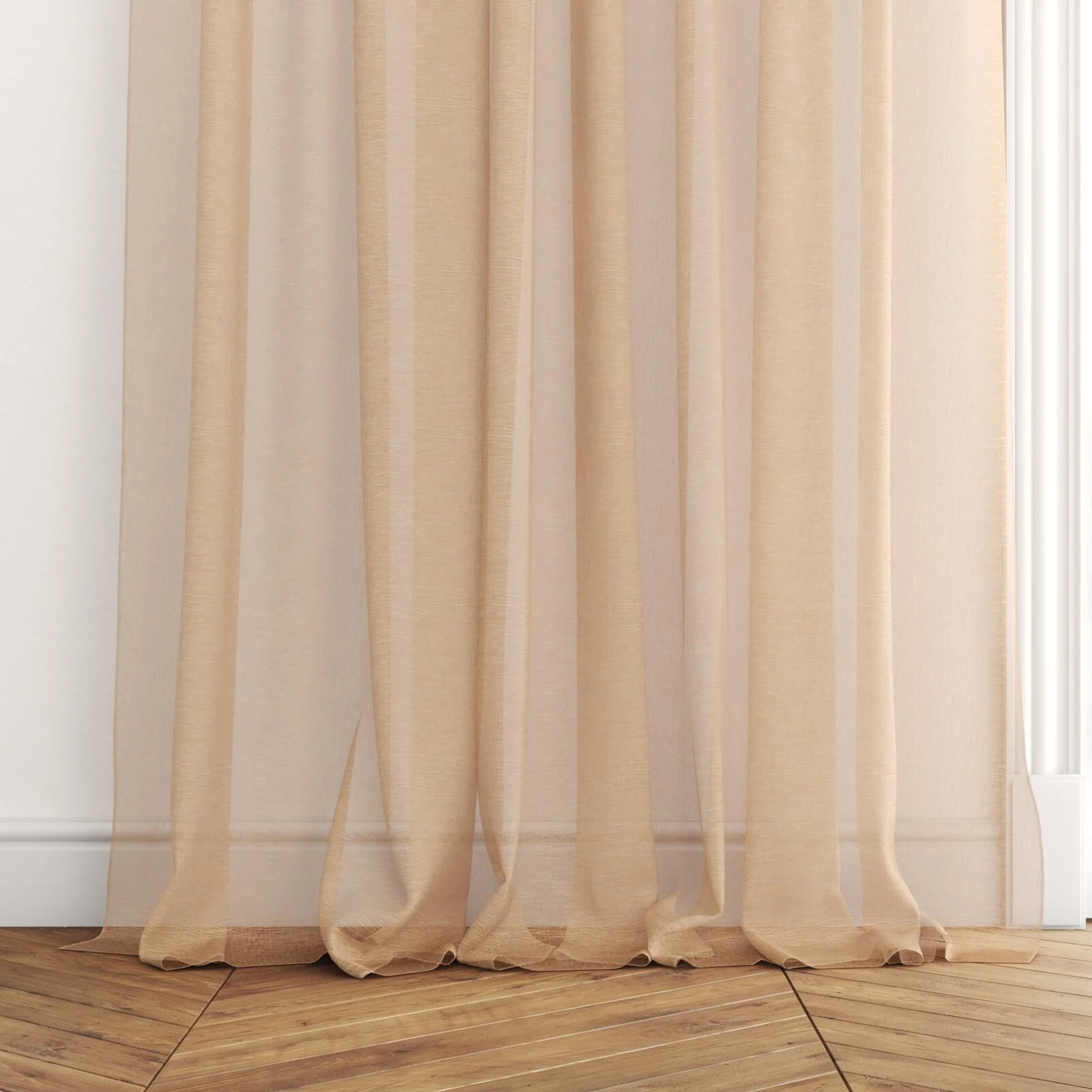 Bottom view of Pure Linen Topaz, puddled with pinch pleat, on curtain rod