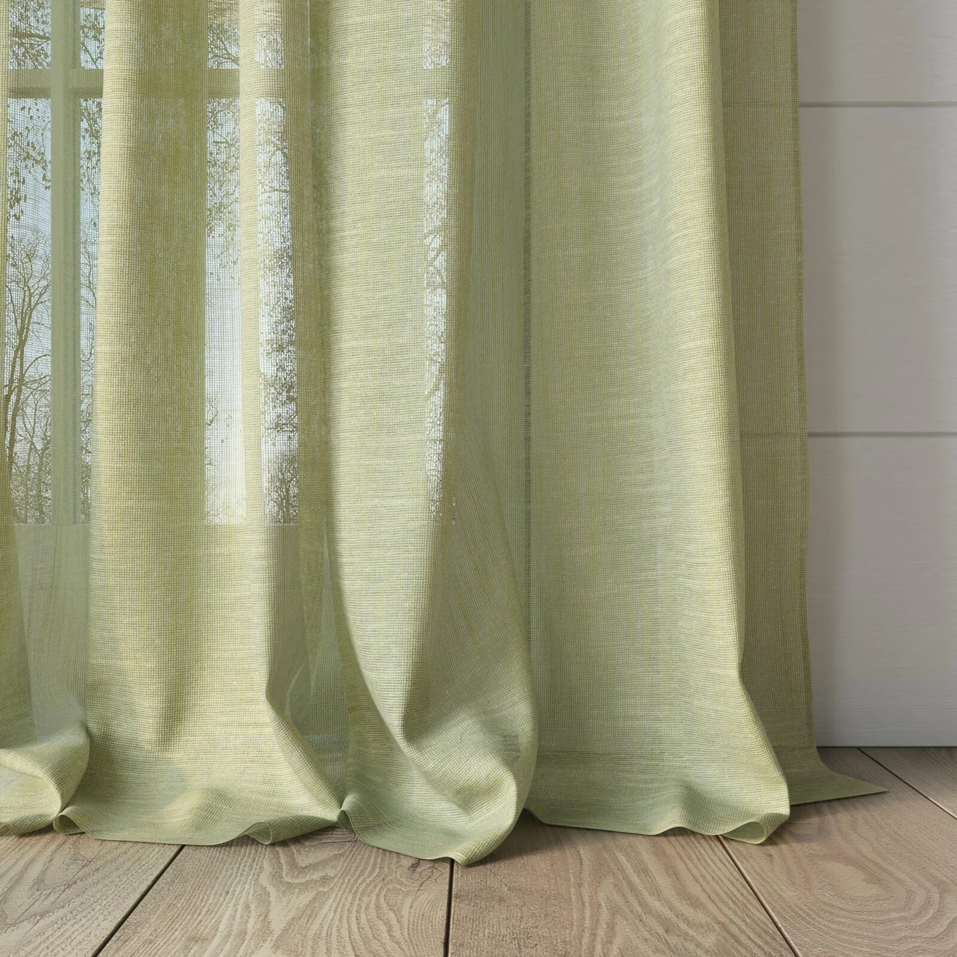 Bottom view of Angelic Oasis, puddled, on curtain rod