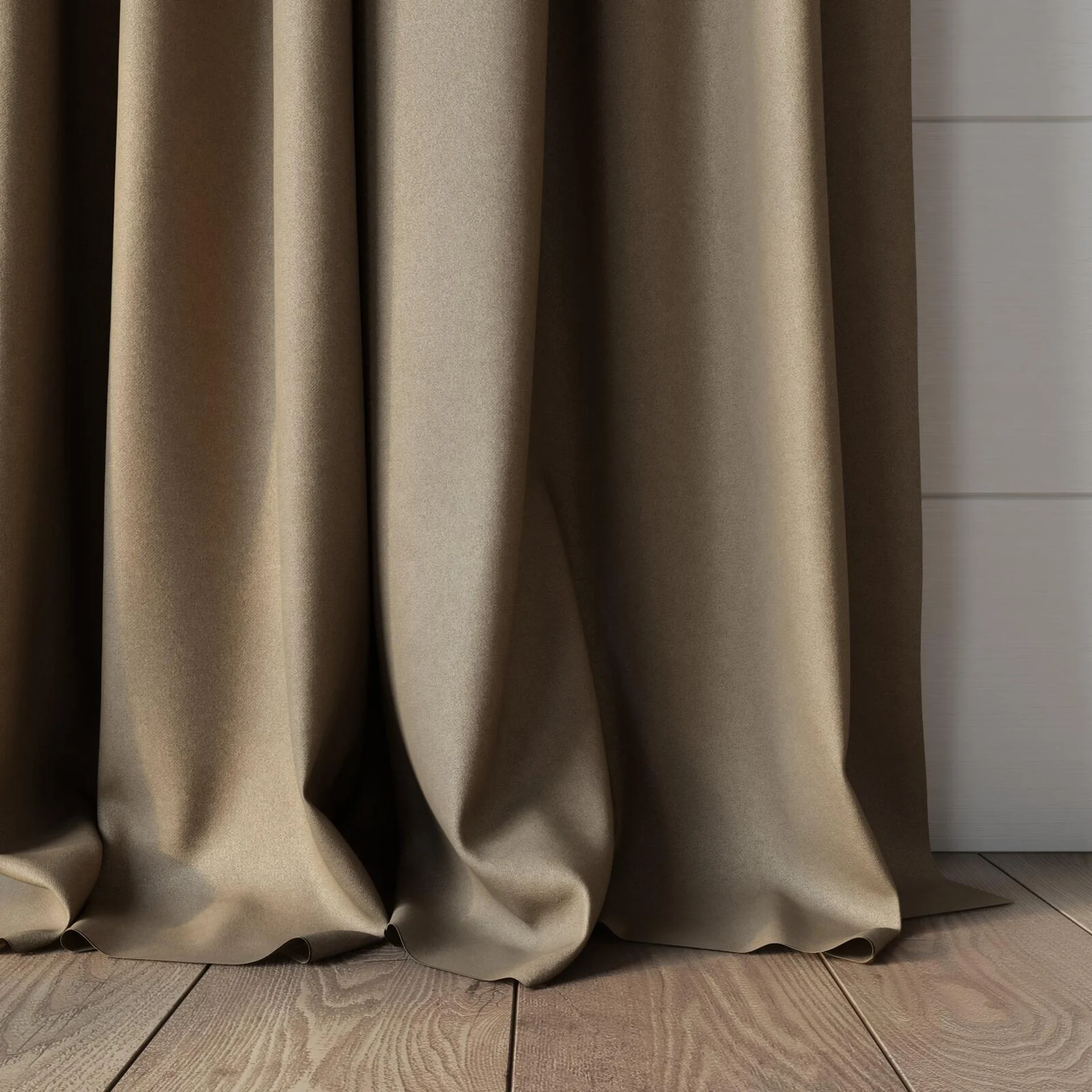 Bottom view of Peak Taupe, puddled, on curtain rod