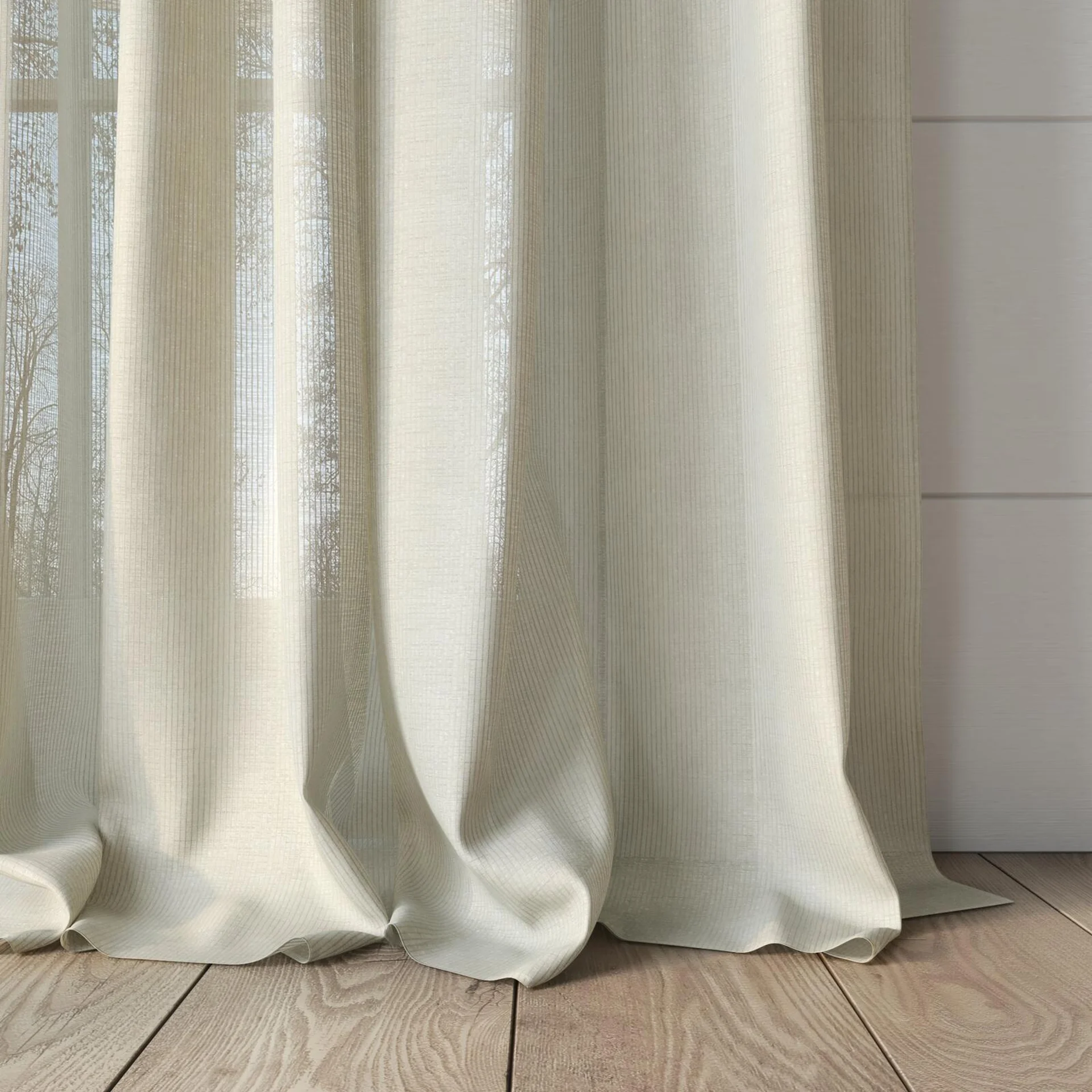 Bottom view of Breathtaking Linen, puddled, on curtain rod