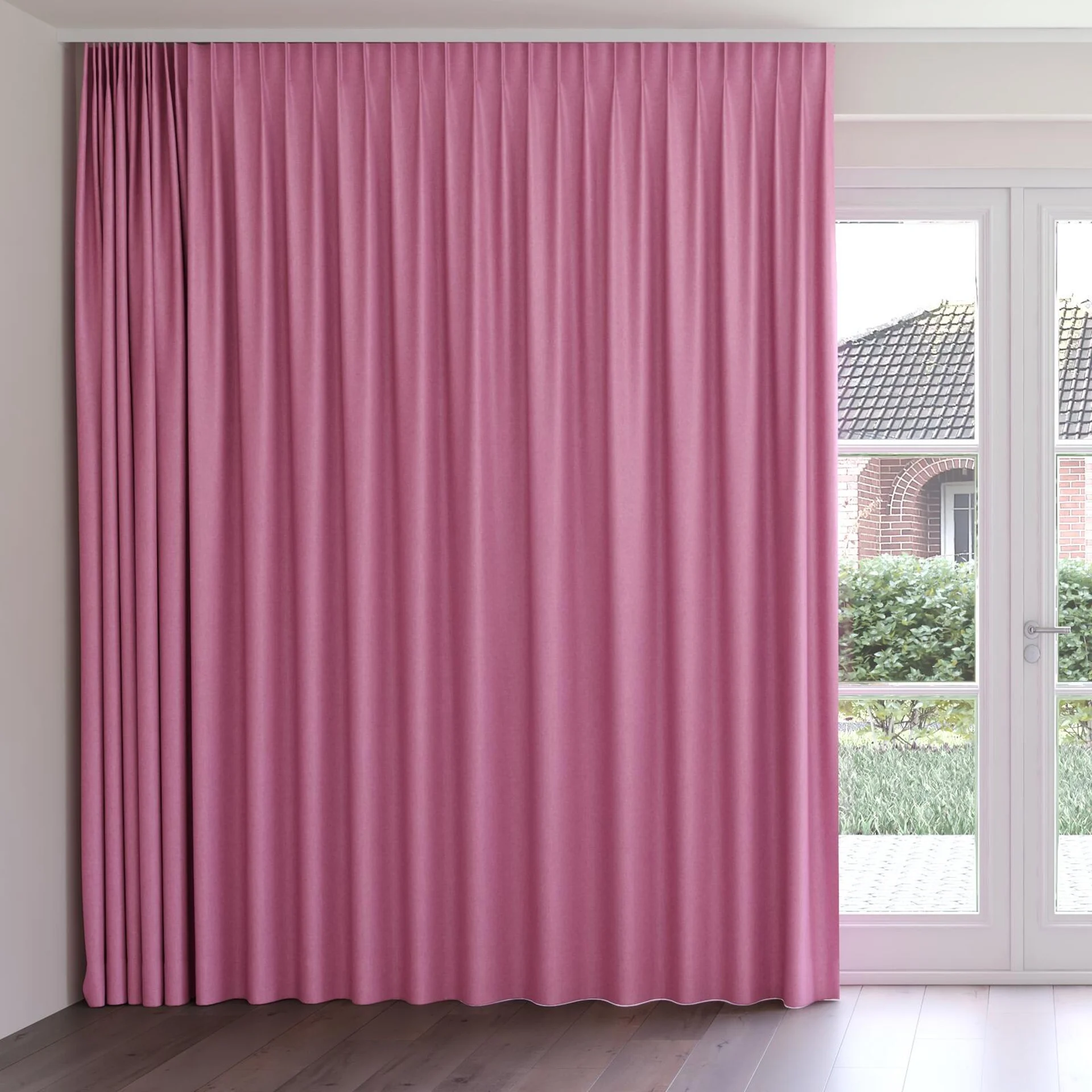 Front view of Hometown Fuchsia, on curtain rail
