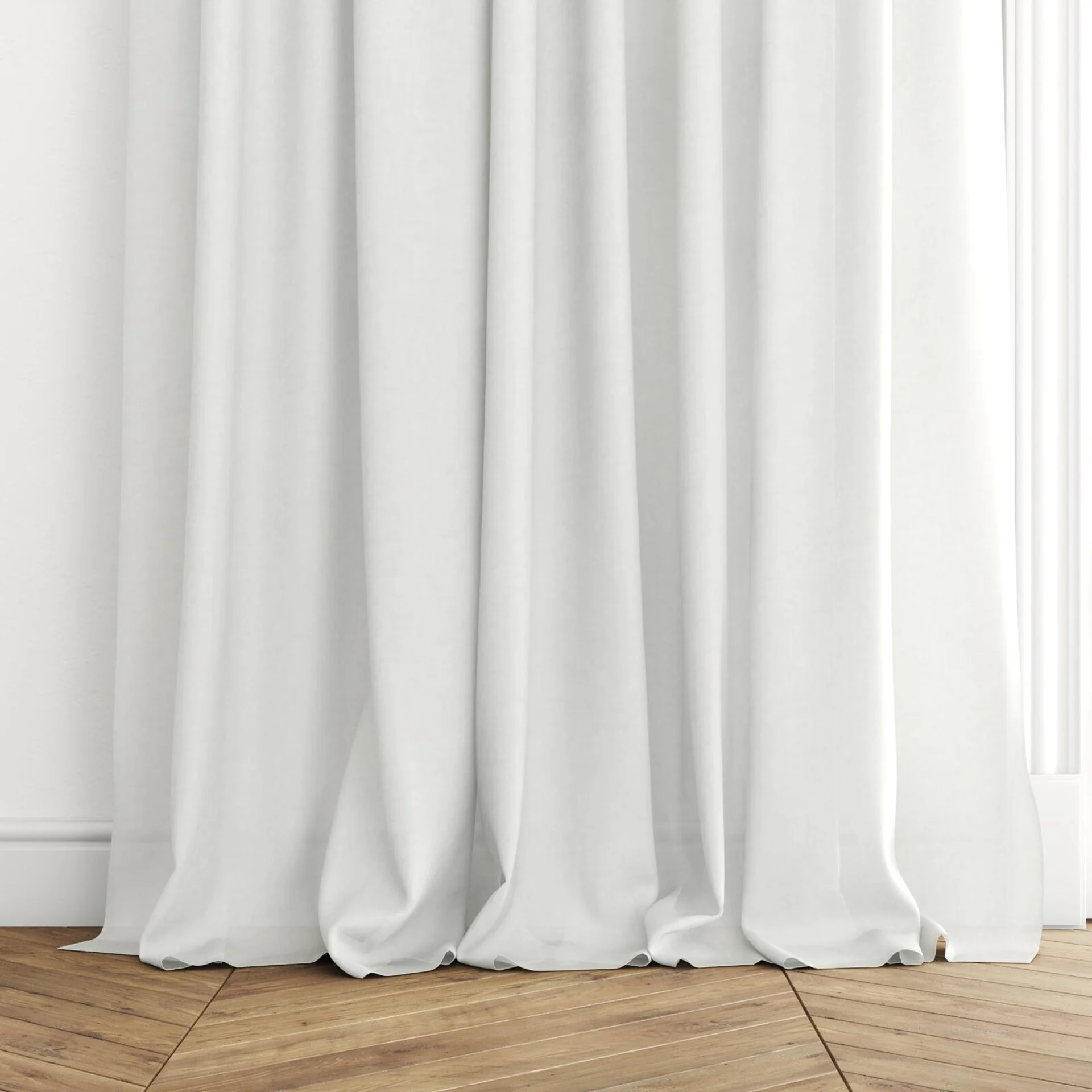 Bottom view of Flo II Wool, puddled with pinch pleat, on curtain rod