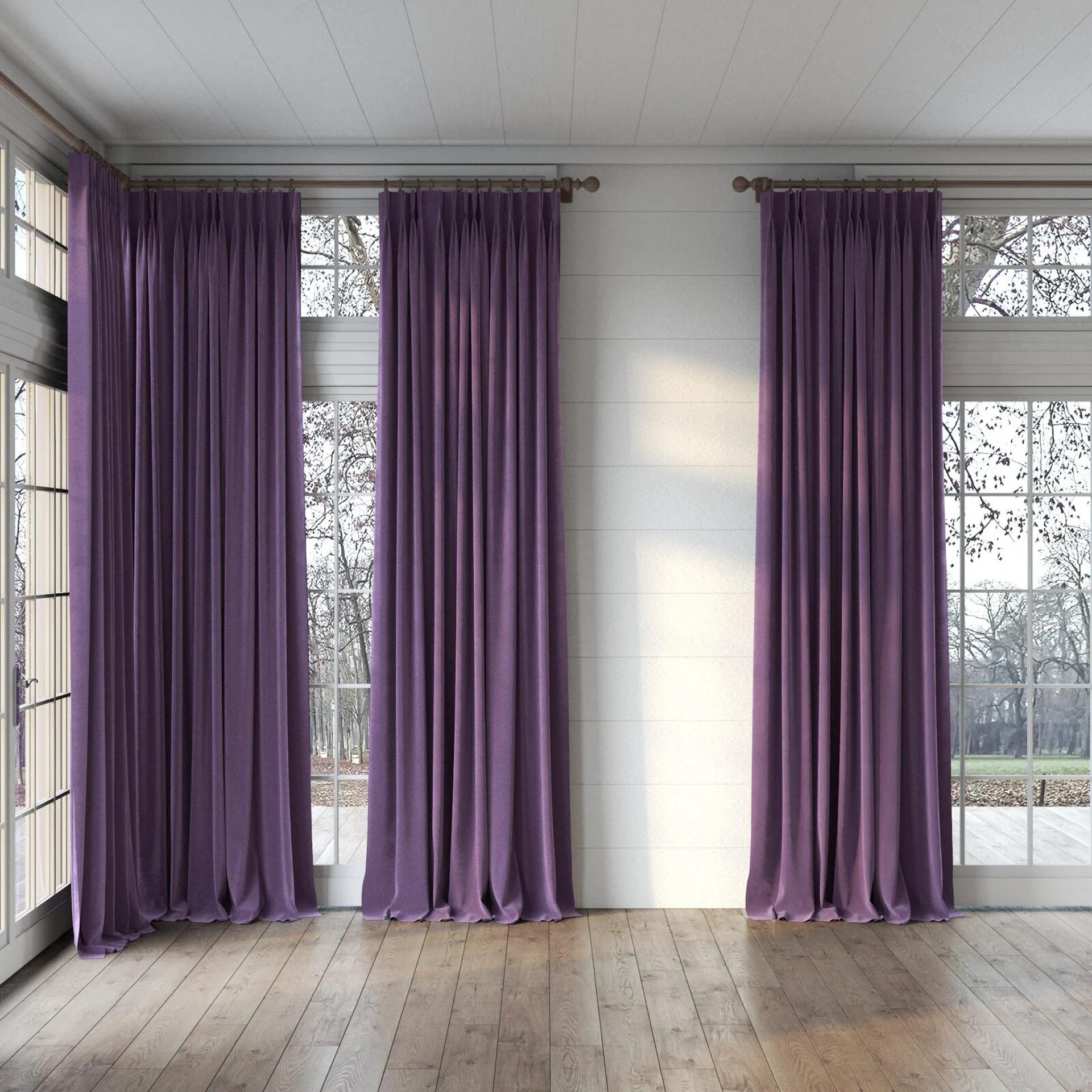 Full view of Moon Plum, puddled, on curtain rod