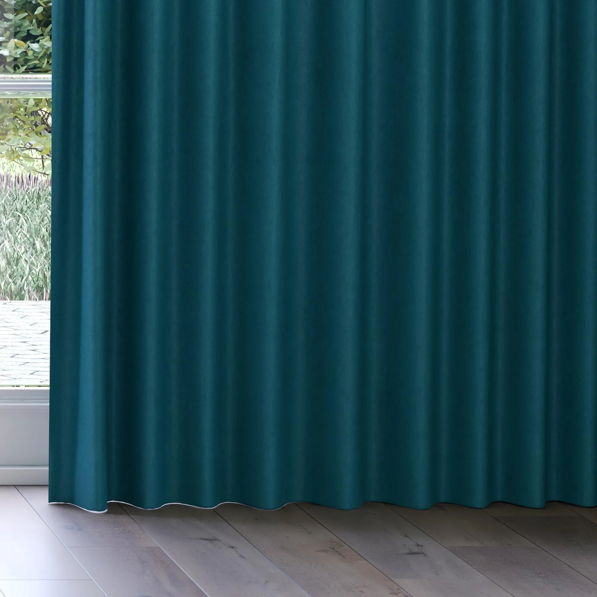 Bottom view of Moon Teal, on curtain rail