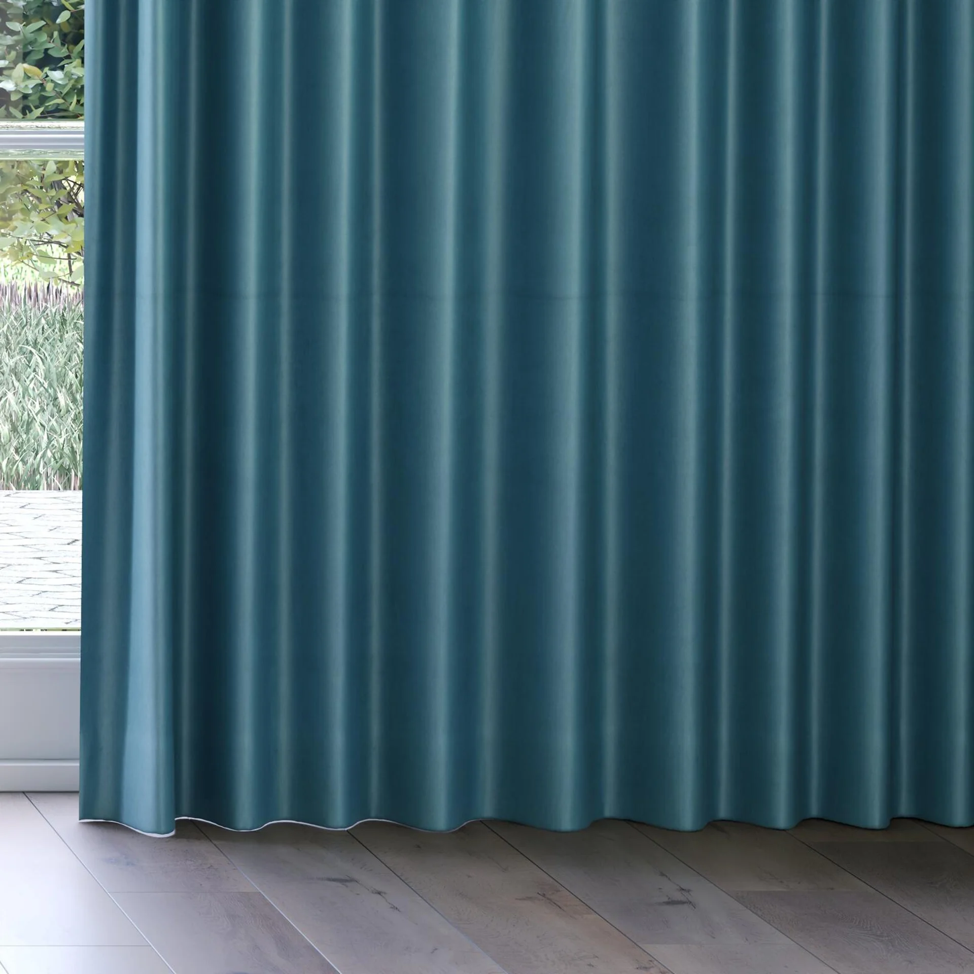 Bottom view of Warlock Teal, on curtain rail