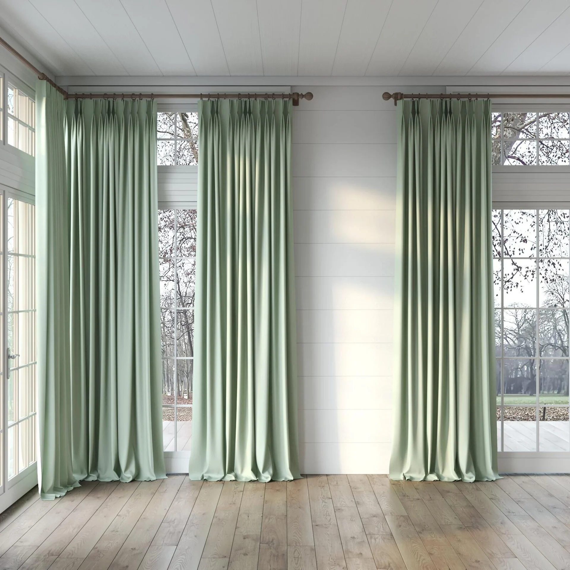 Full view of Brugge Mint, puddled, on curtain rod