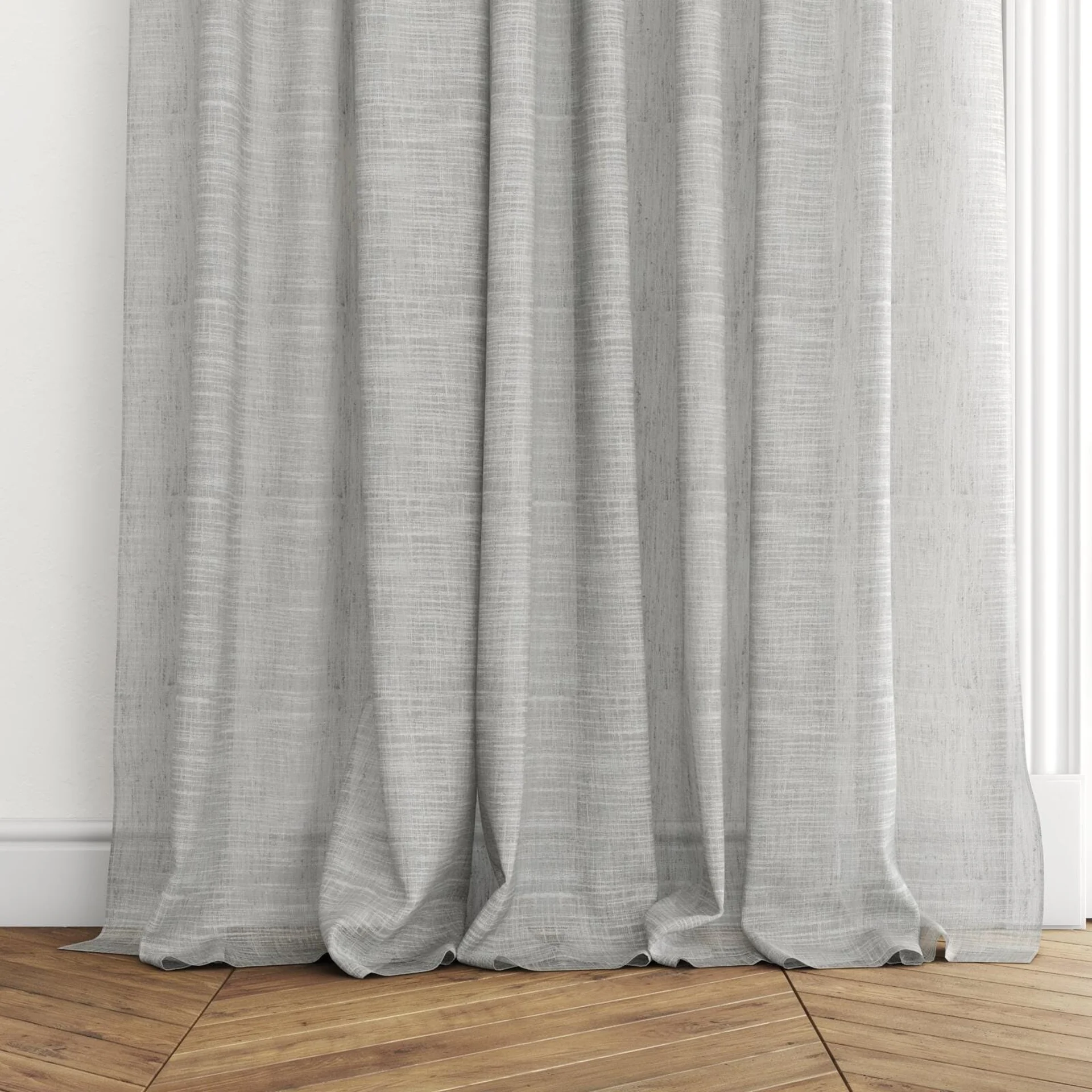 Bottom view of Zip Fossil, puddled with pinch pleat, on curtain rod
