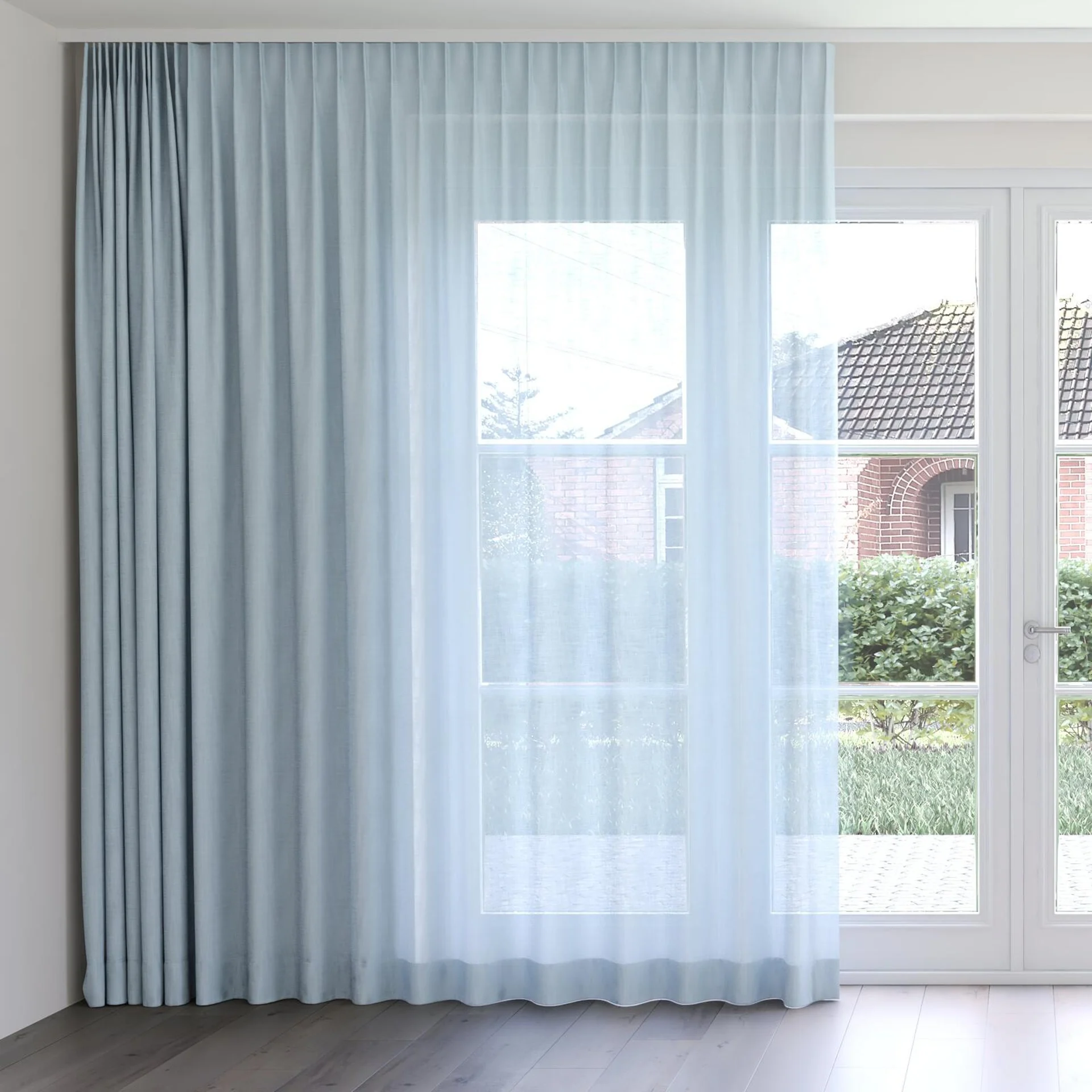 Front view of Release Aqua, on curtain rail