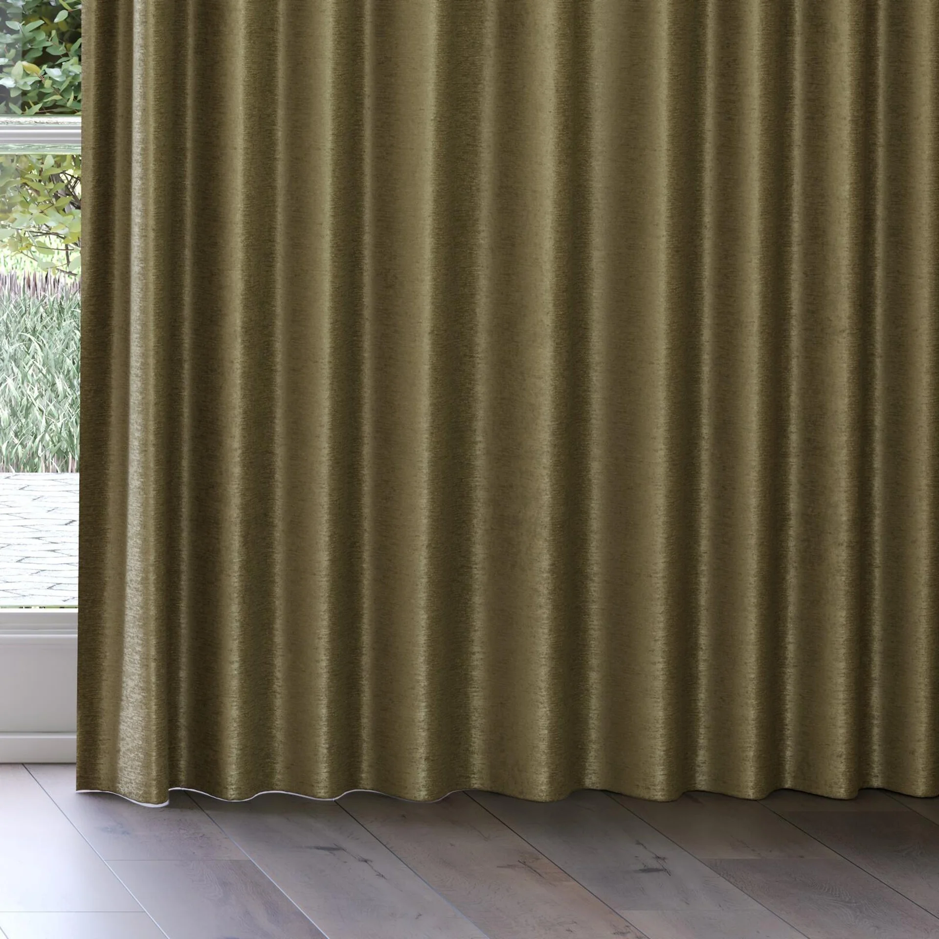 Bottom view of Lambada Khaki, on curtain rail
