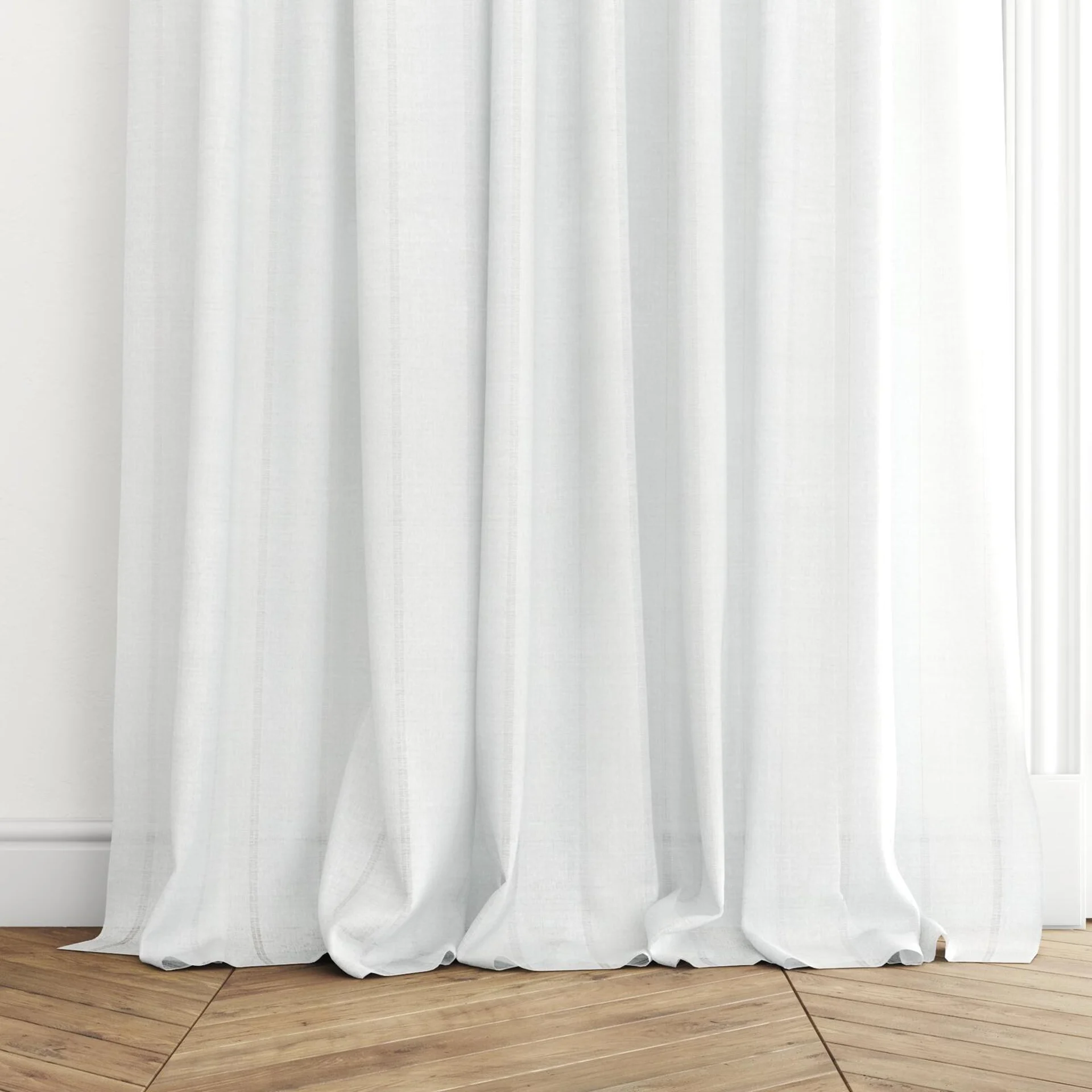 Bottom view of Astonish Ivory, puddled with pinch pleat, on curtain rod