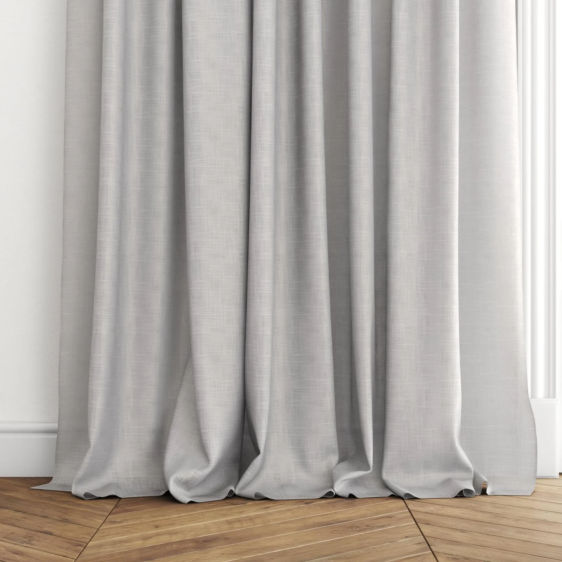 Bottom view of Charanga Dove, puddled with pinch pleat, on curtain rod