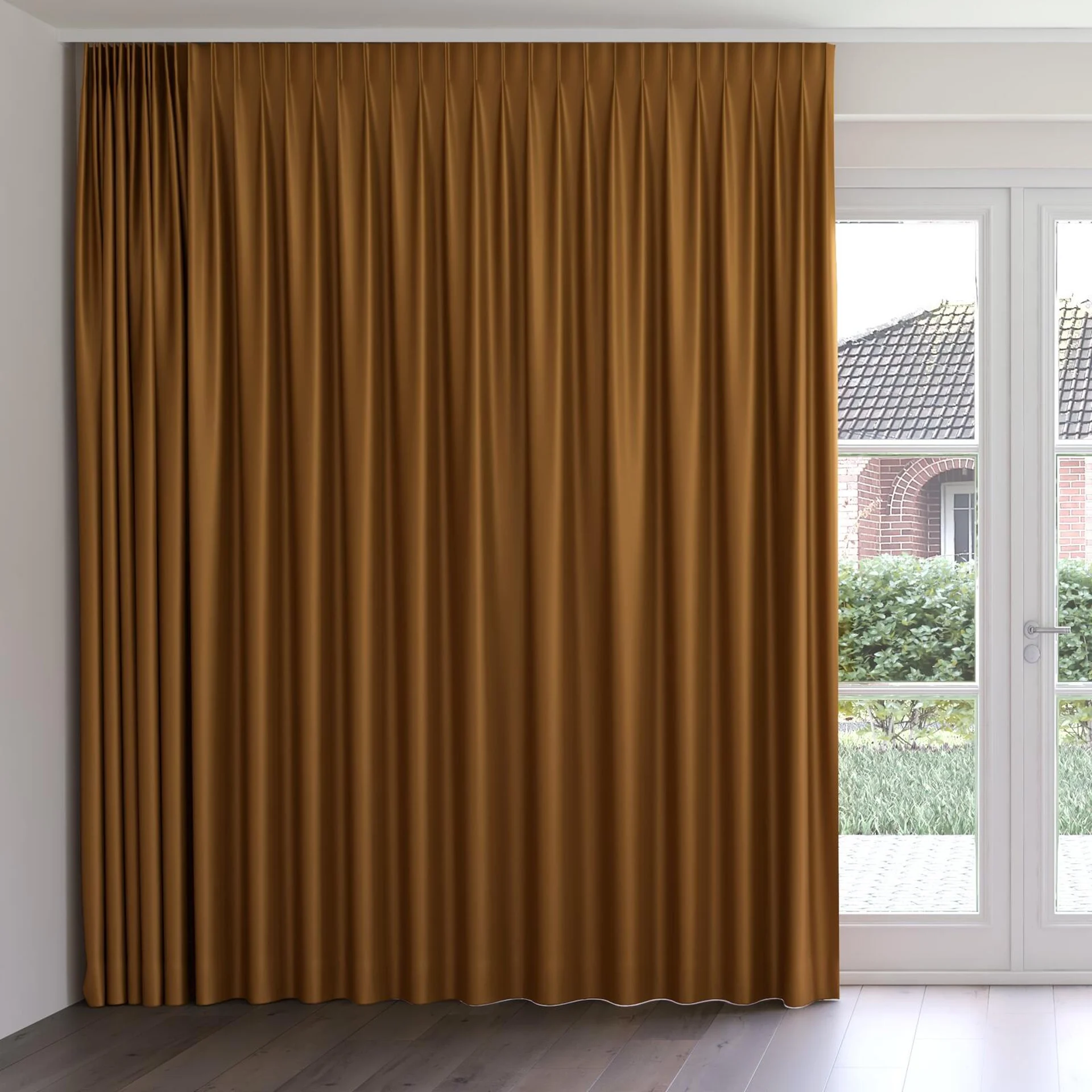 Front view of Sleek Cinnamon, on curtain rail