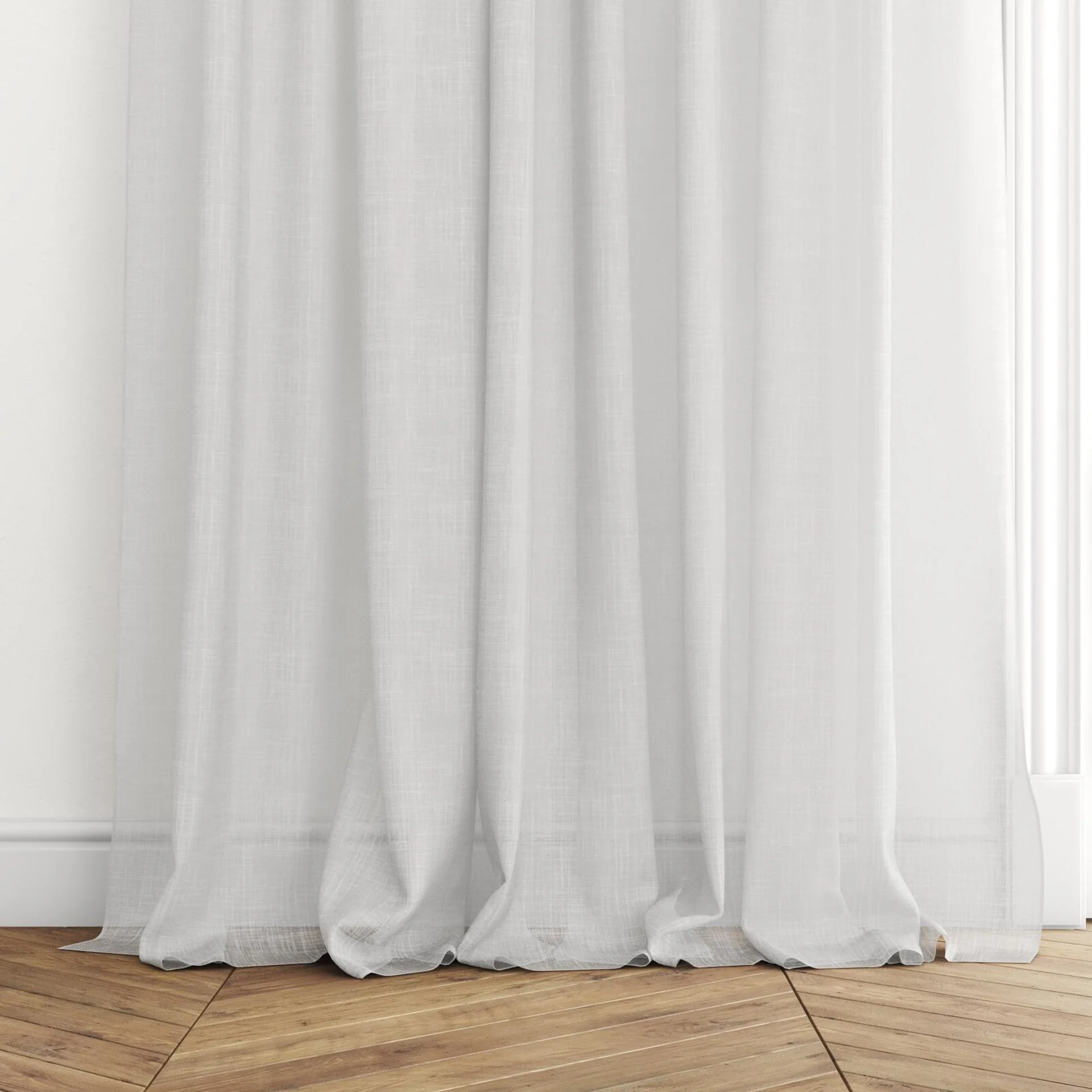 Bottom view of Kumo Recycled Salt, puddled with pinch pleat, on curtain rod