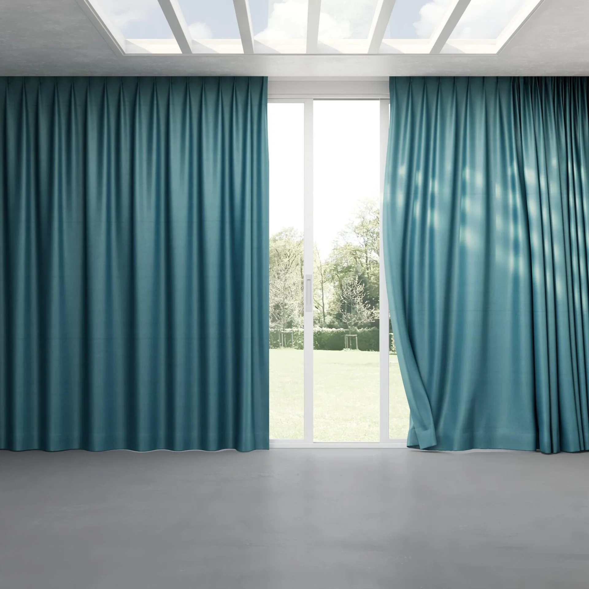 Full view of Warlock Teal, pinch pleat