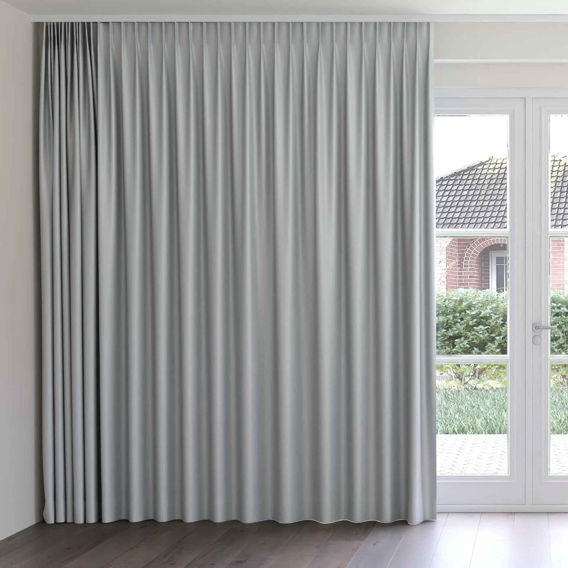 Front view of Pickford FR Blackout Steel, on curtain rail