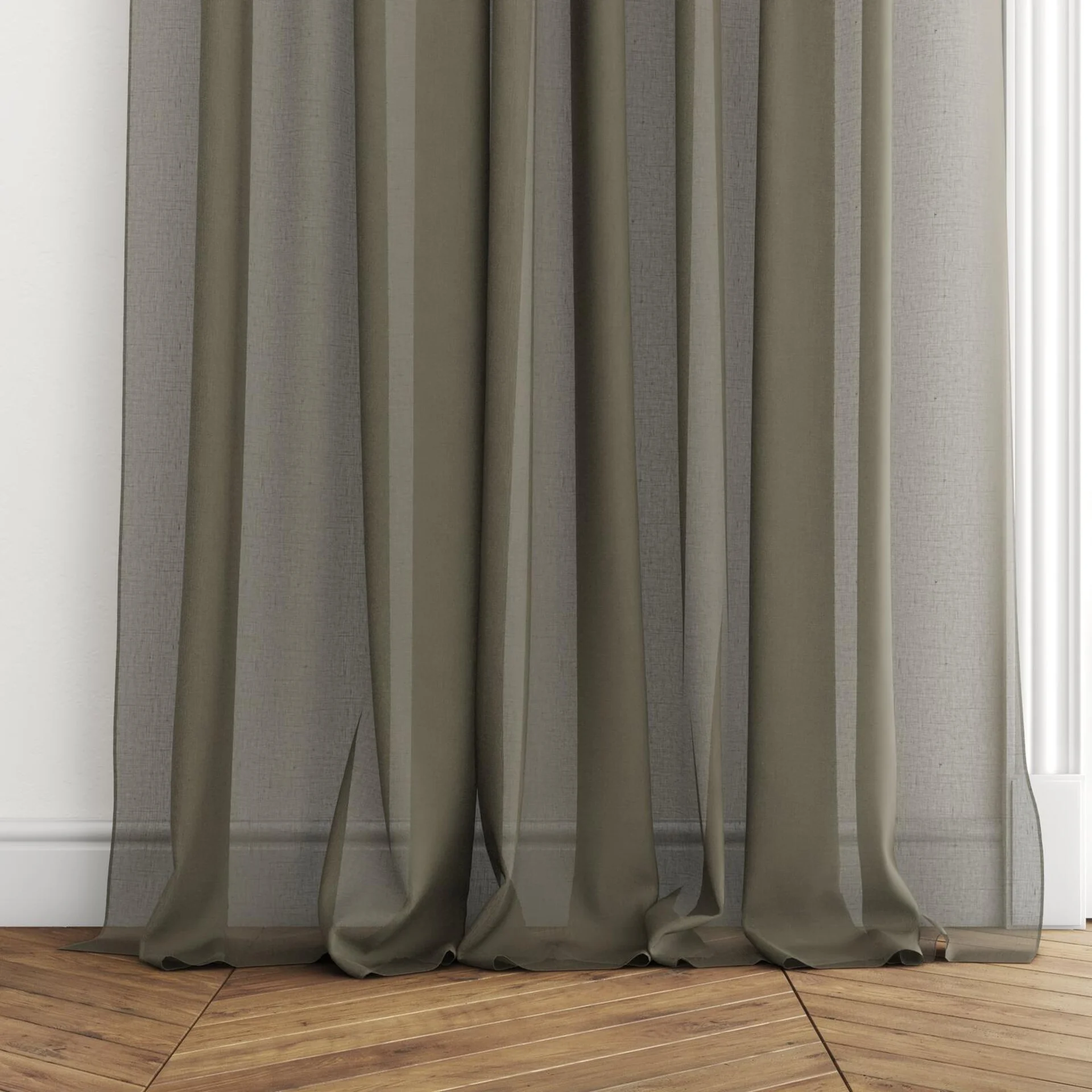 Bottom view of Cavalier Martini, puddled with pinch pleat, on curtain rod