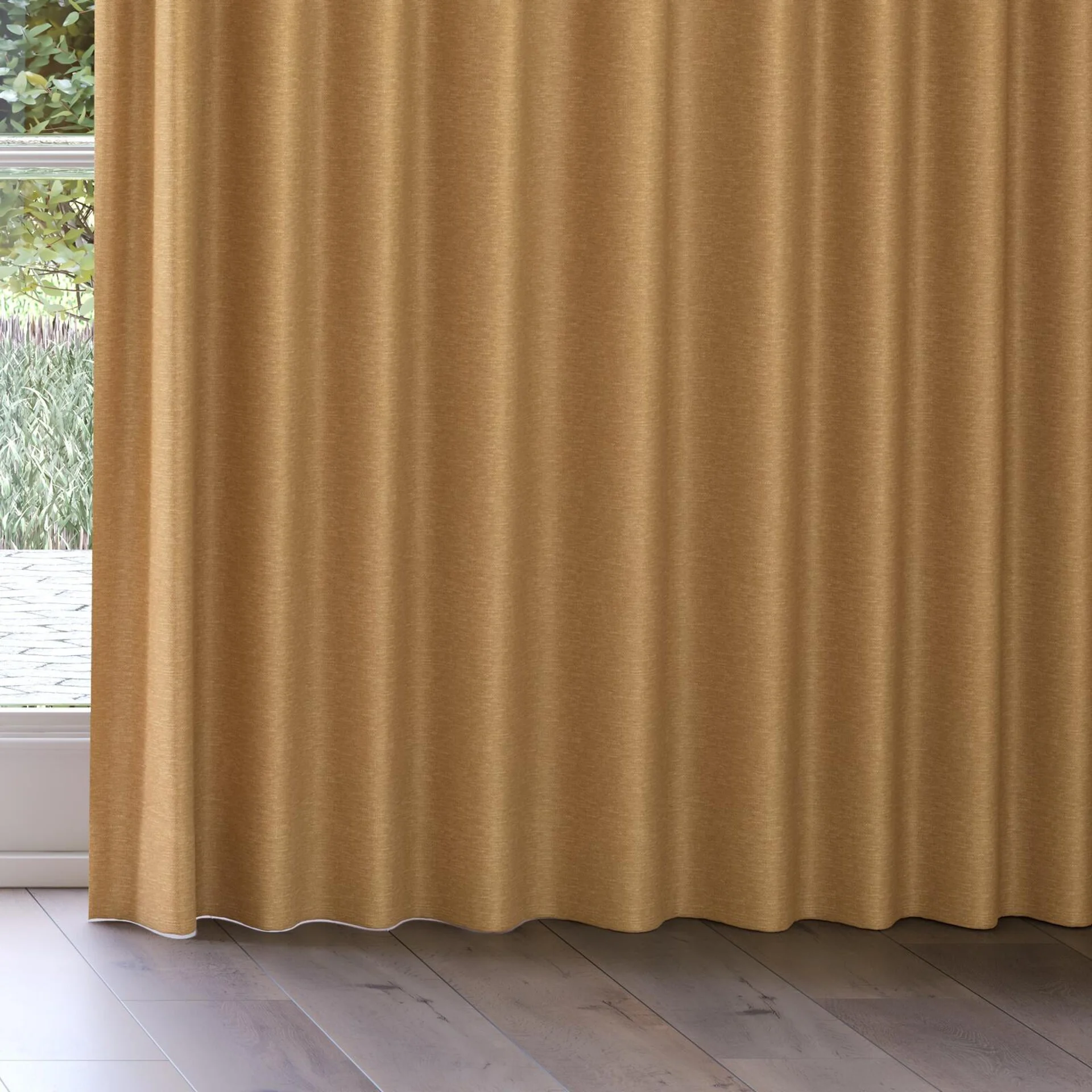 Bottom view of Colourwash Eco Butterscotch, on curtain rail