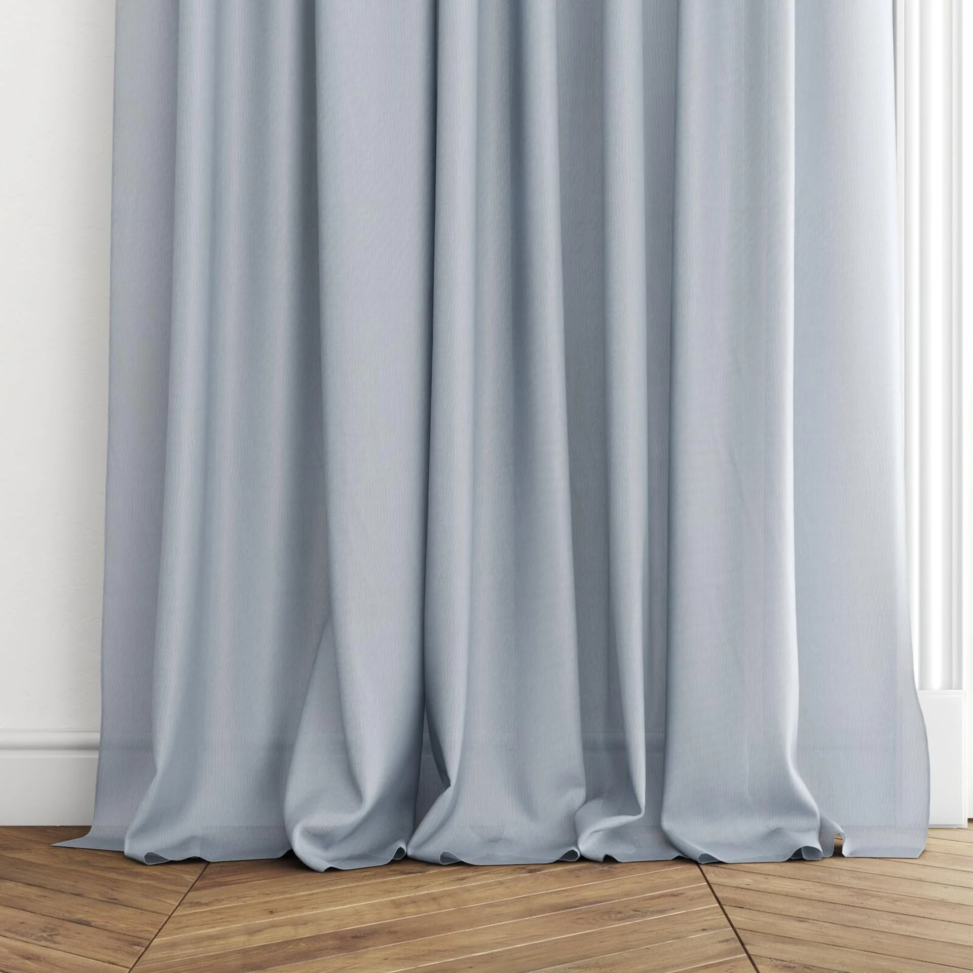 Bottom view of Jaba Fountain, puddled with pinch pleat, on curtain rod