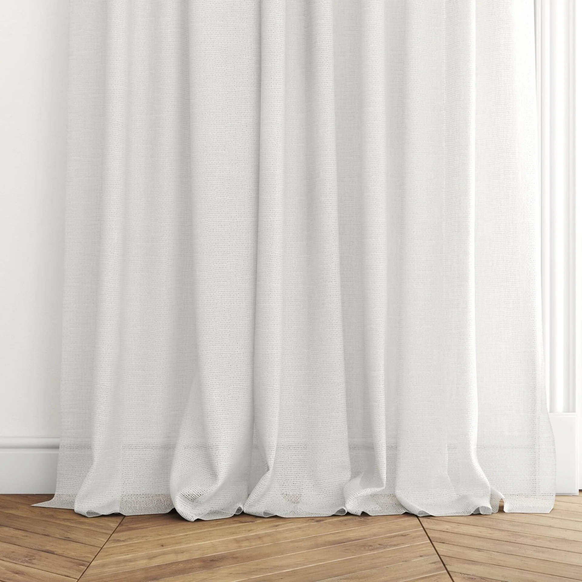 Bottom view of O'Keeffe Salt, puddled with pinch pleat, on curtain rod