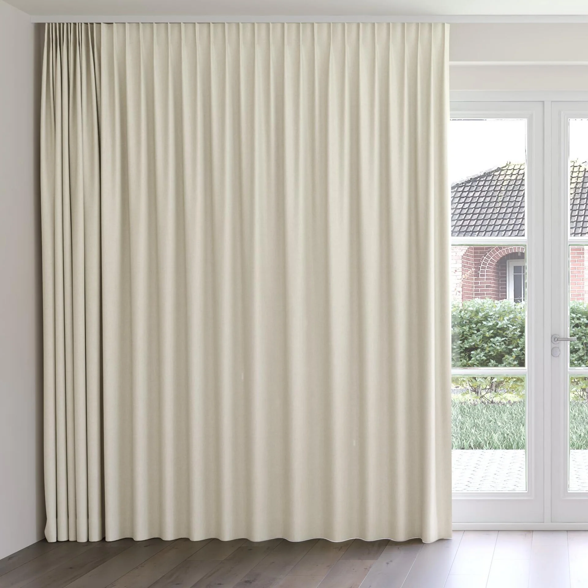 Front view of Stonewall Blackout Sesame, on curtain rail