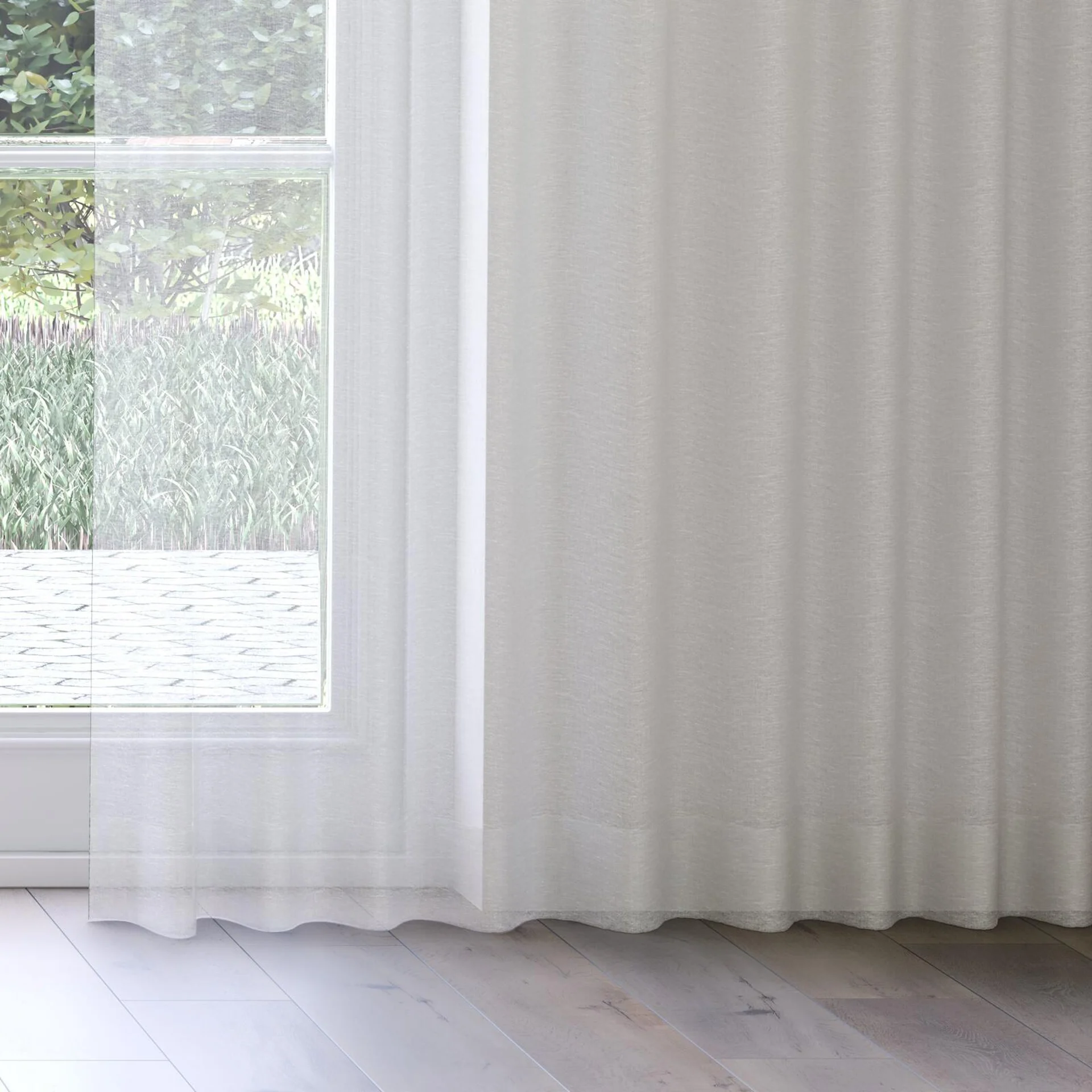 Bottom view of Pure Linen Cloud, on curtain rail