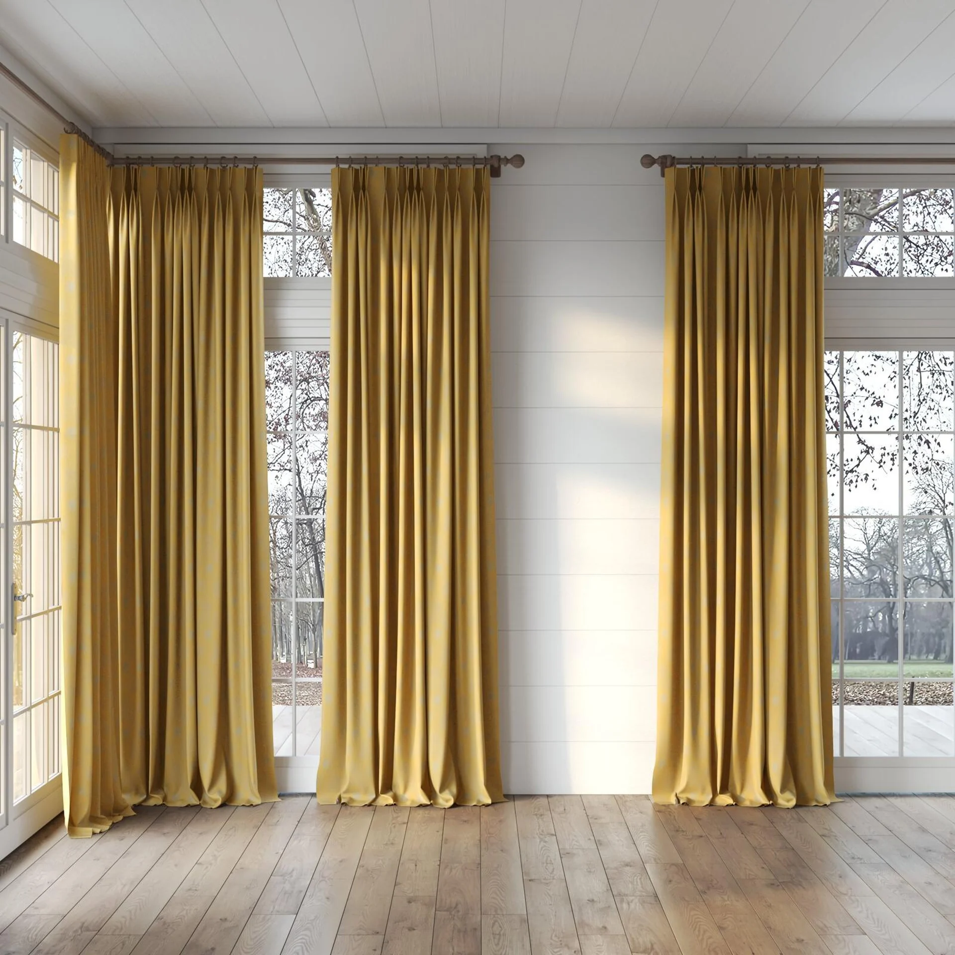 Full view of Juniper Gold, puddled, on curtain rod