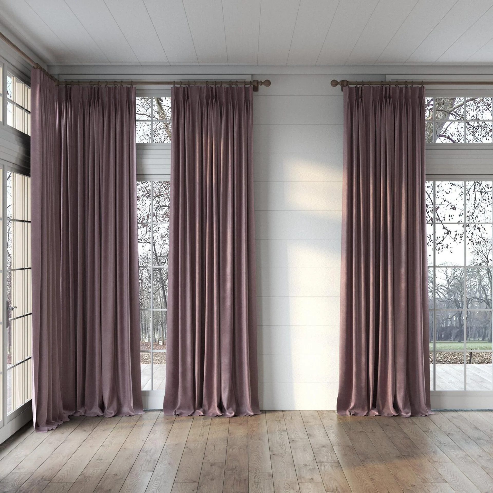 Full view of Velvelux Amethyst, puddled, on curtain rod